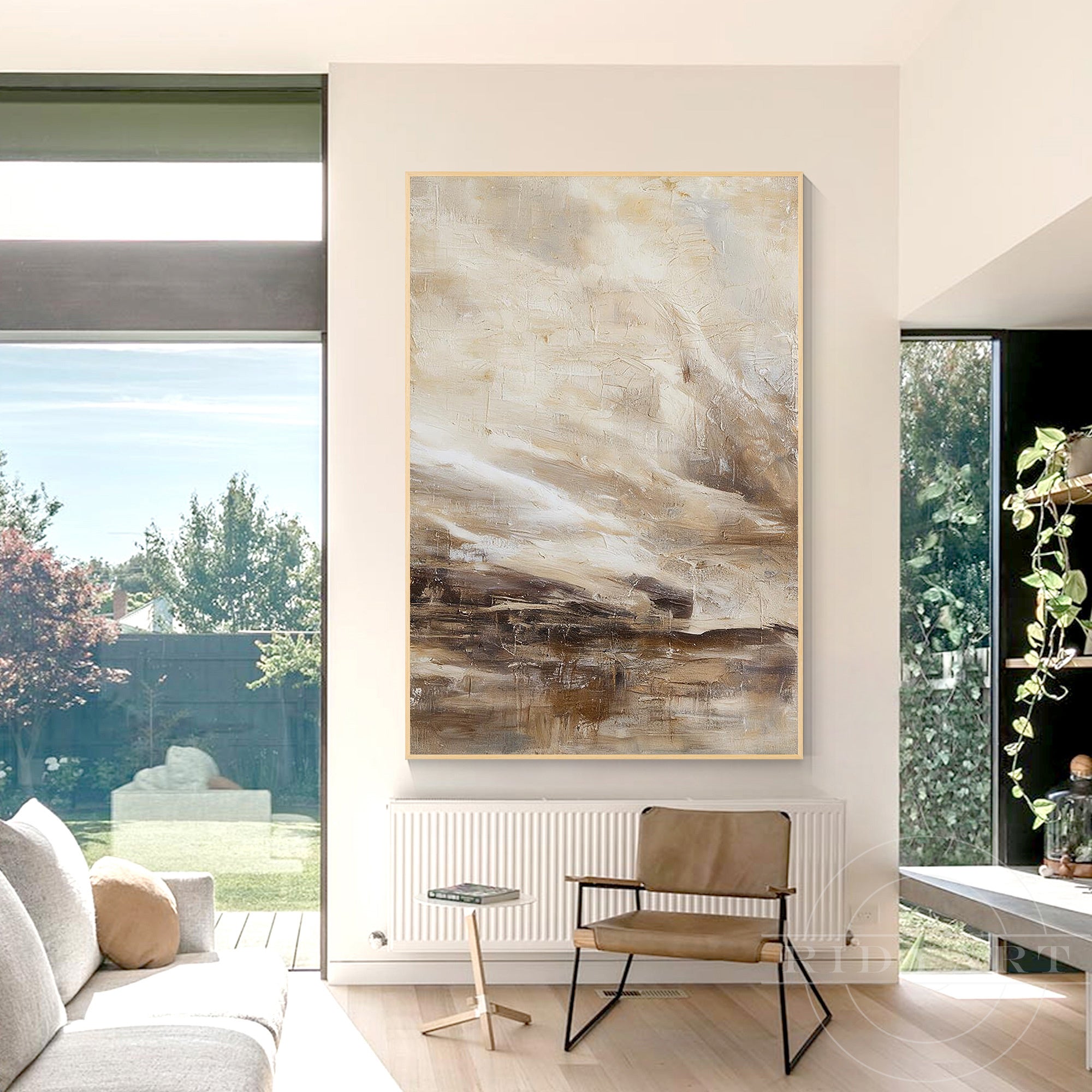 Modern luxury textured canvas painting in beige, taupe, and espresso brown tones, ideal for living room or entryway wall decor