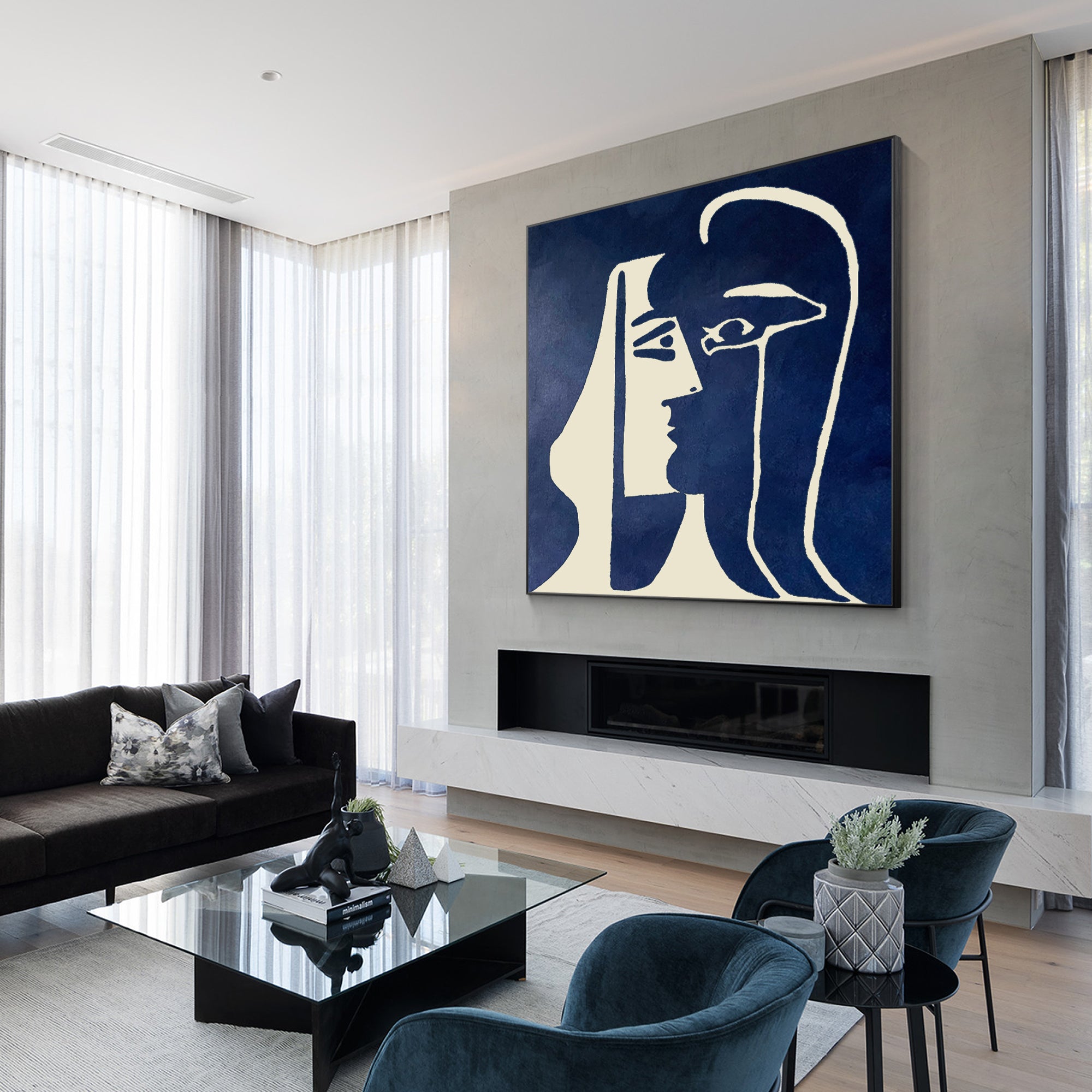 Bold navy and cream abstract face art with a modern aesthetic