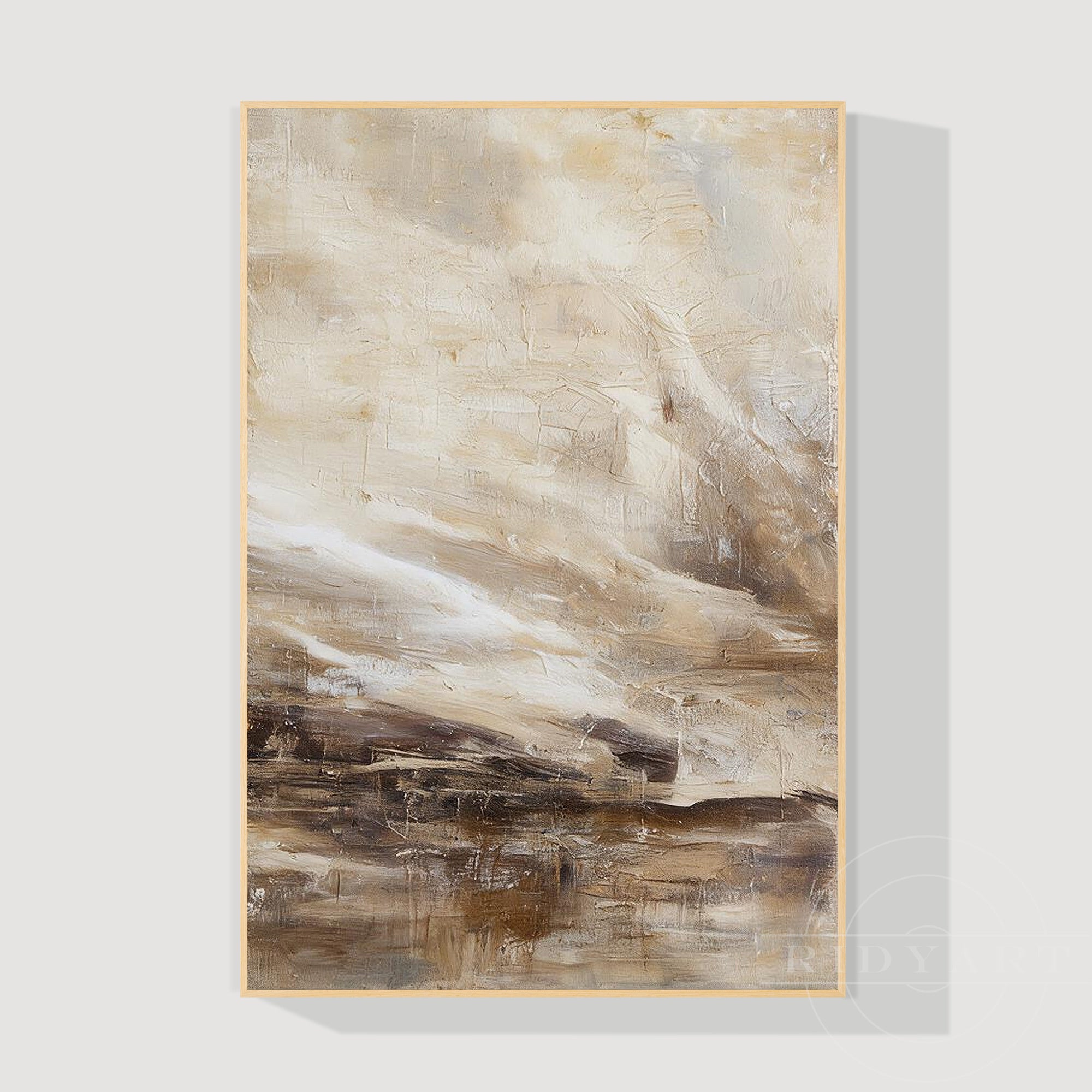 Modern minimalist vertical canvas artwork featuring warm beige and rich dark brown layered textures in a sleek light-toned frame