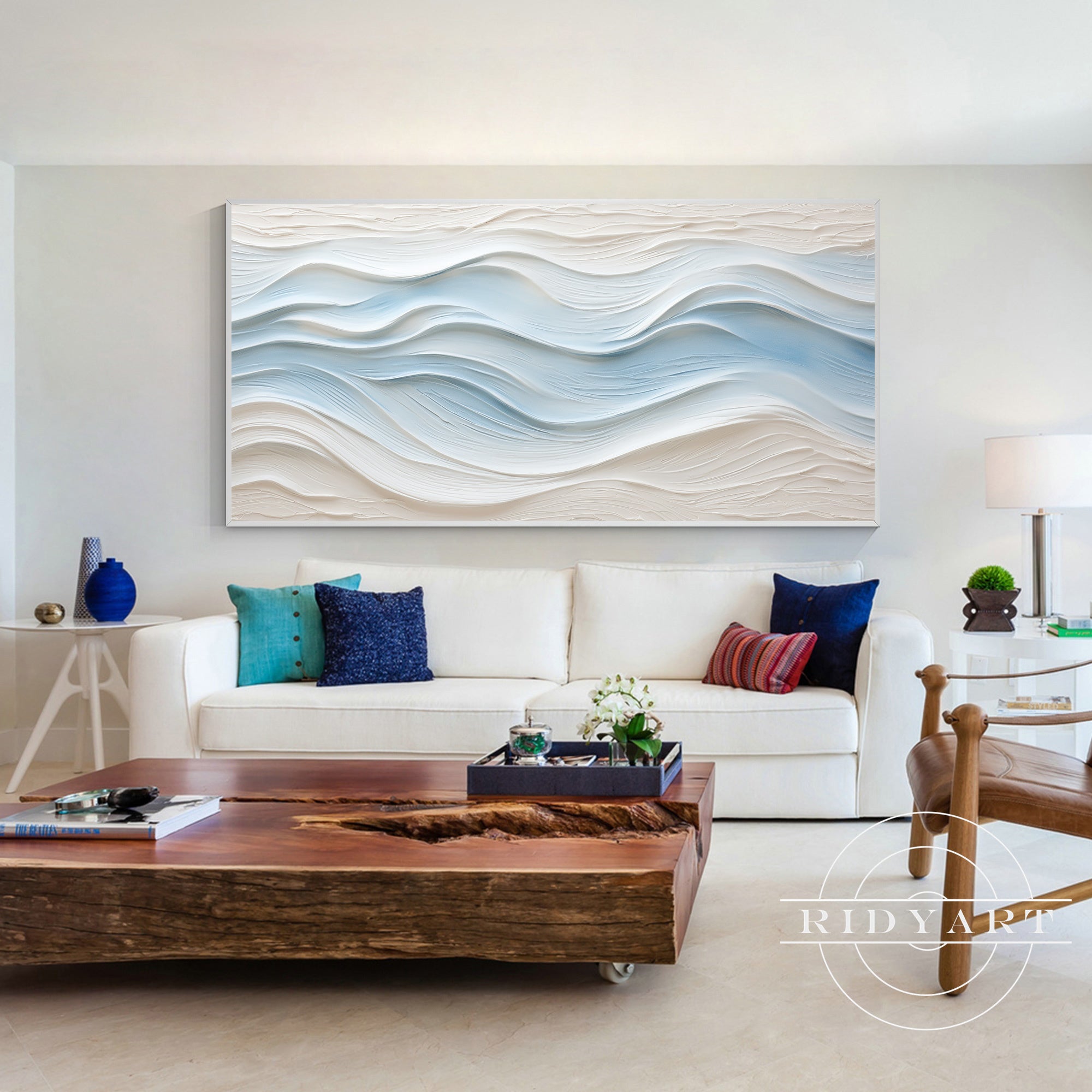 Neutral beige and blue textured seascape painting
