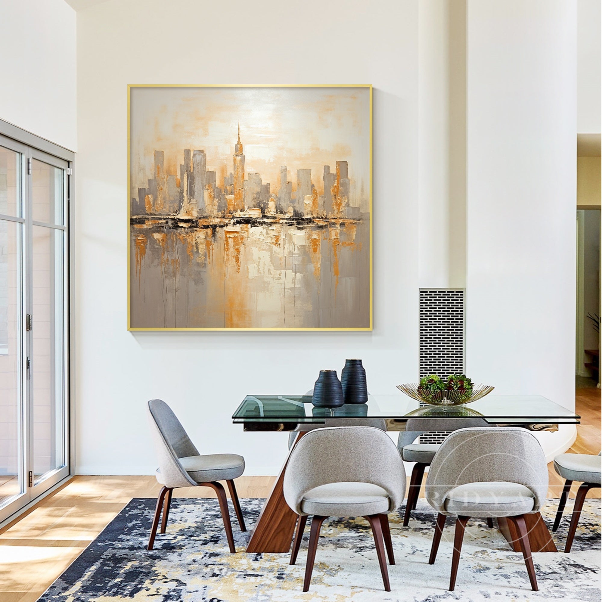 Contemporary gold-toned New York skyline artwork.