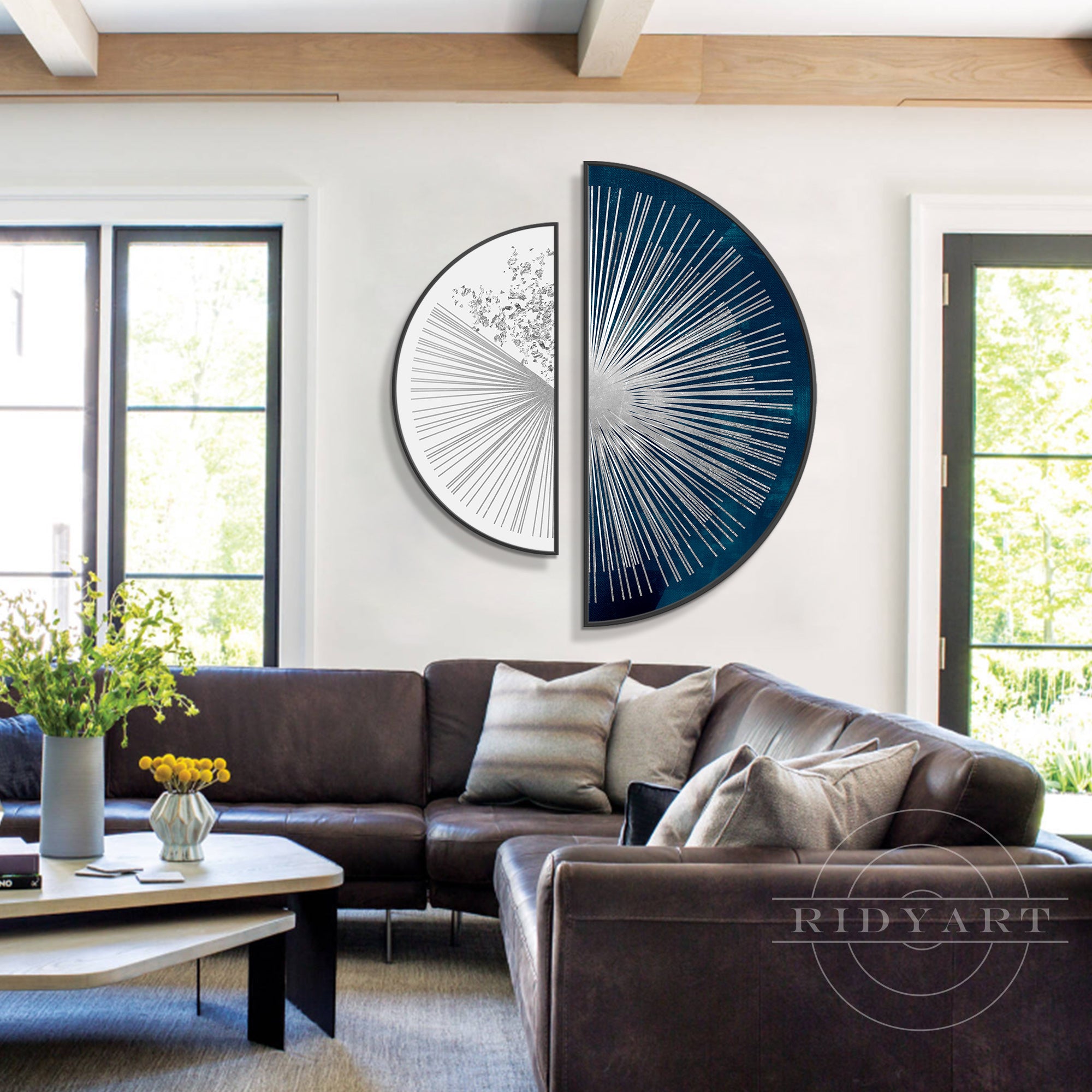 Textured navy blue and silver round wall art for living room decoration.