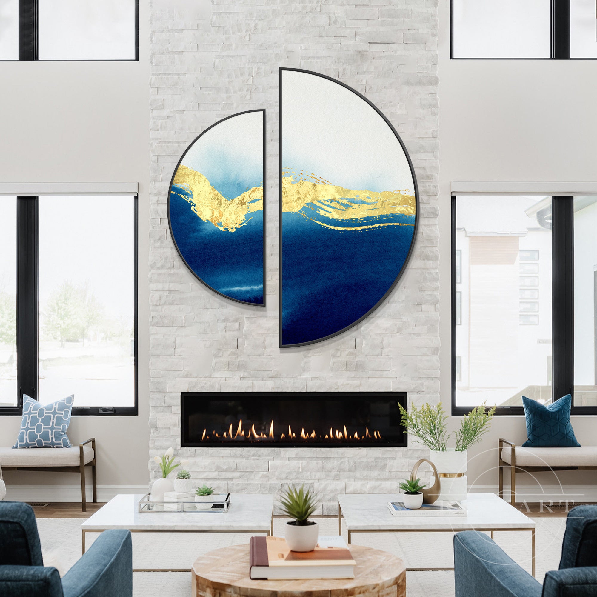 Elegant navy and gold round abstract paintings for modern home decor.