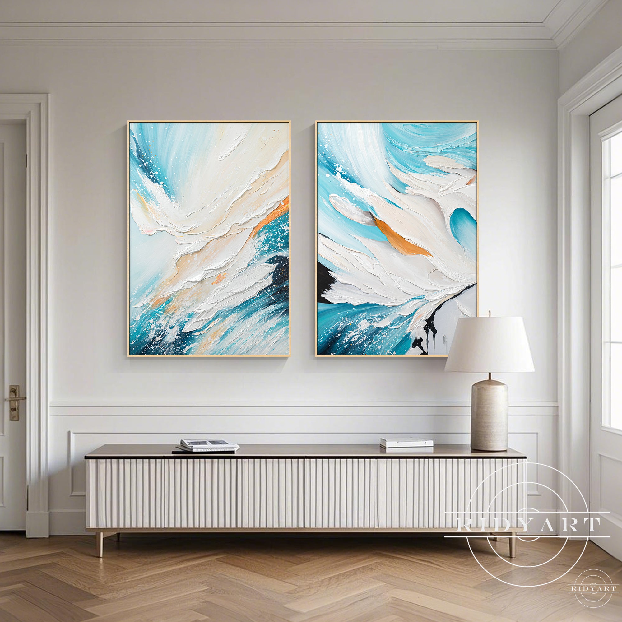 modern teal blue textured canvas wall decor