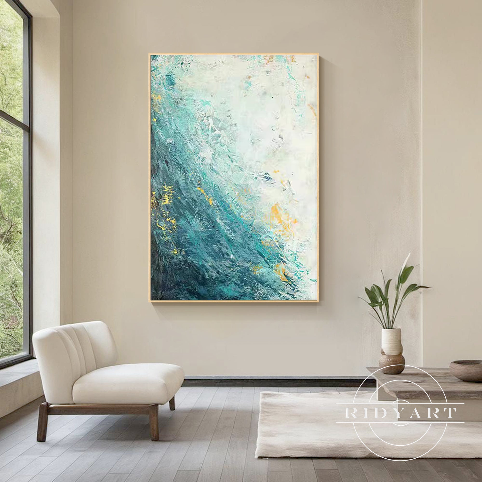 Modern teal and gold wall art framed abstract coastal decor