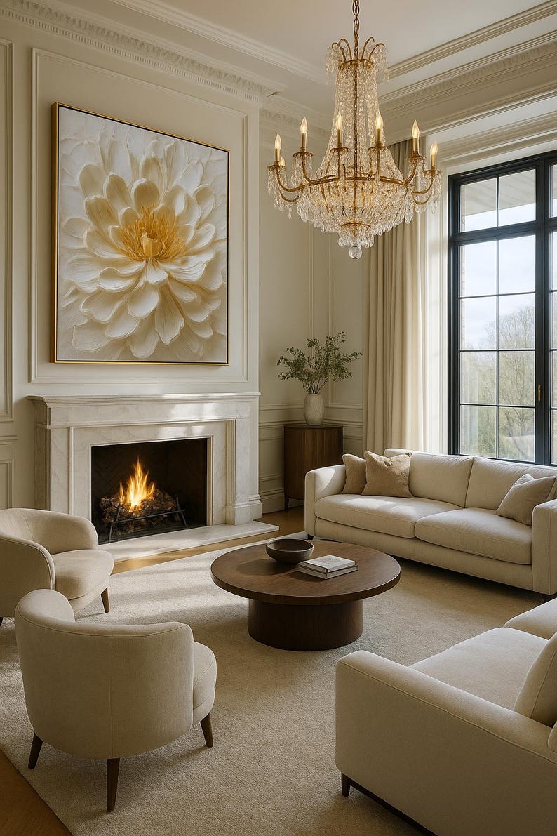 Neutral tone textured white floral artwork for minimalist home decor