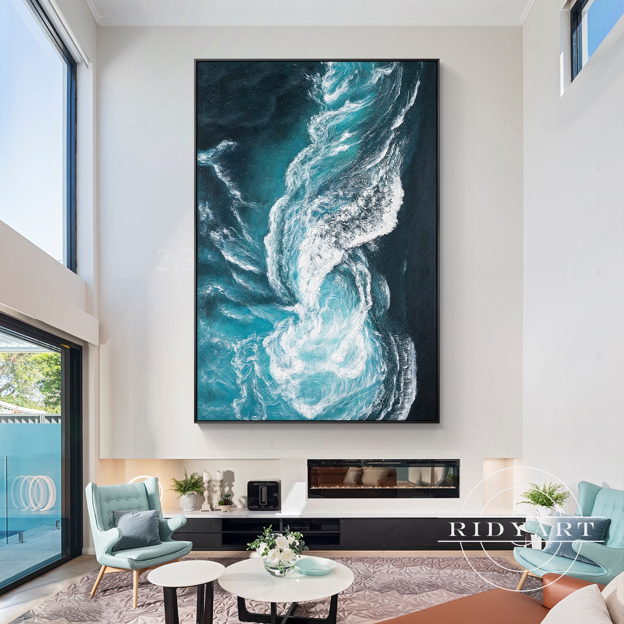 Large canvas artwork depicting an abstract ocean wave pattern