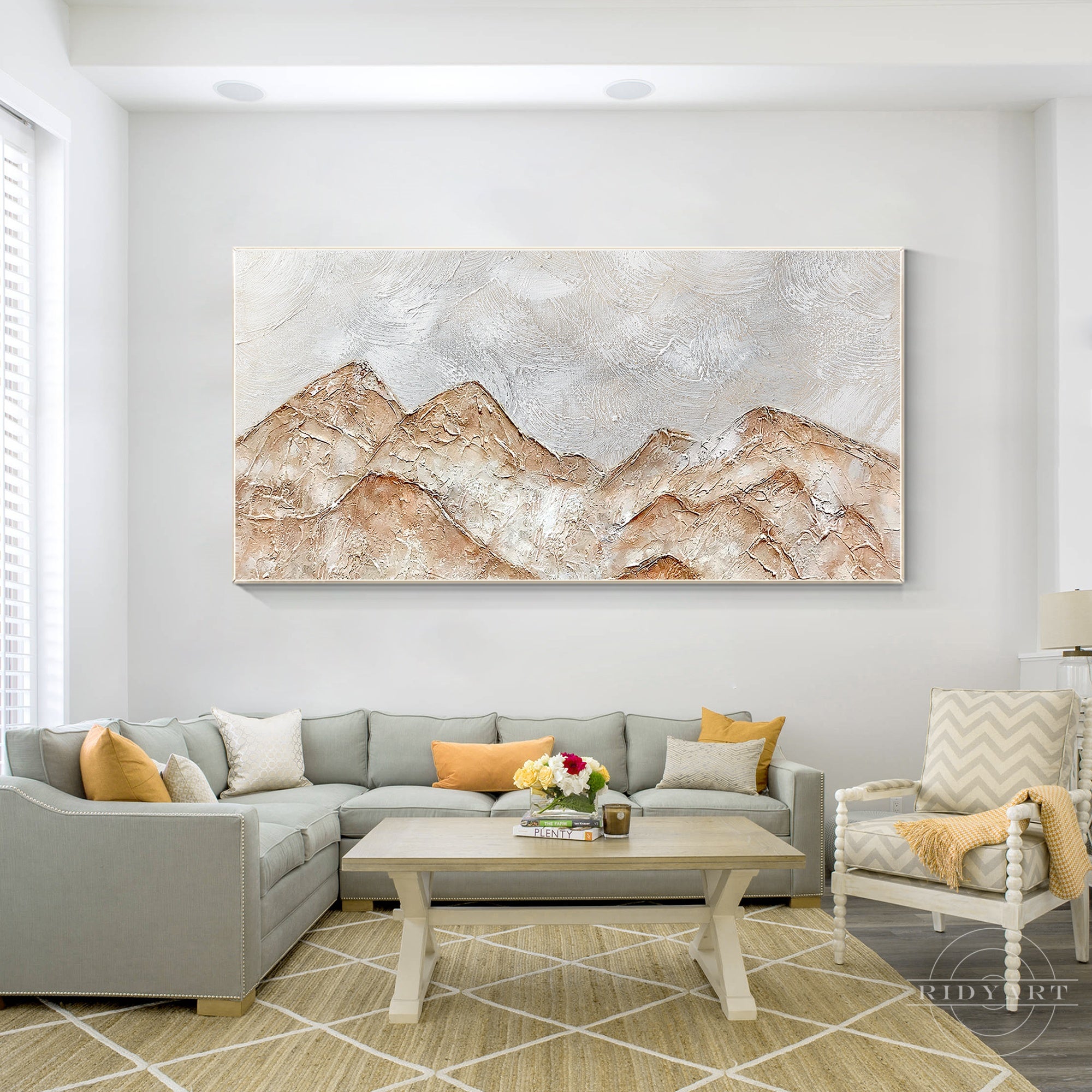 Brown gray abstract mountain landscape painting on canvas.
