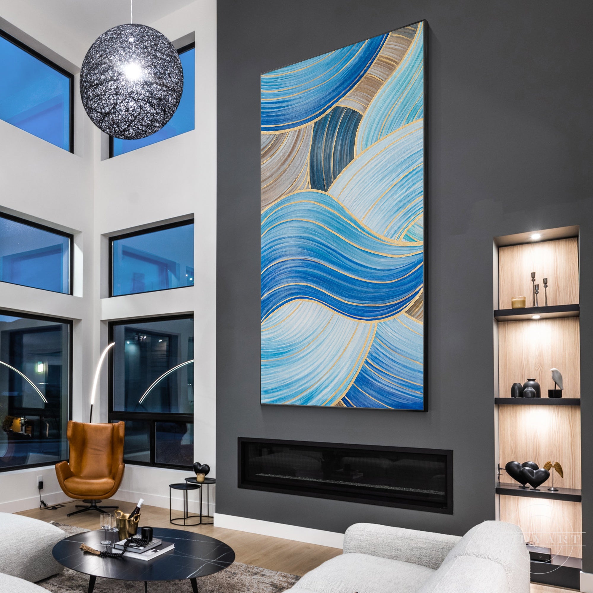 Blue and gold abstract ribbon painting on canvas.
