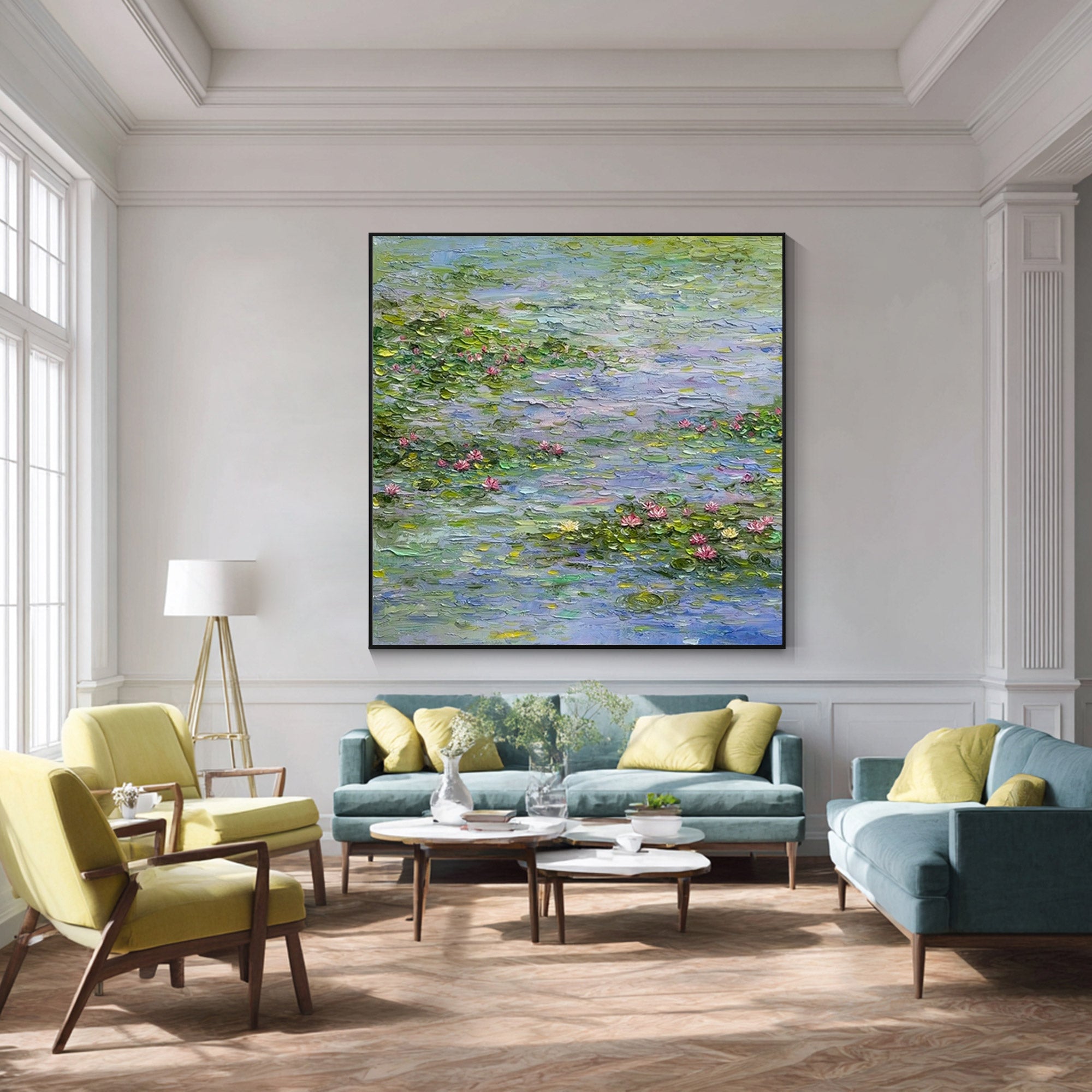 Monet style water lilies lotus flower textured canvas art
