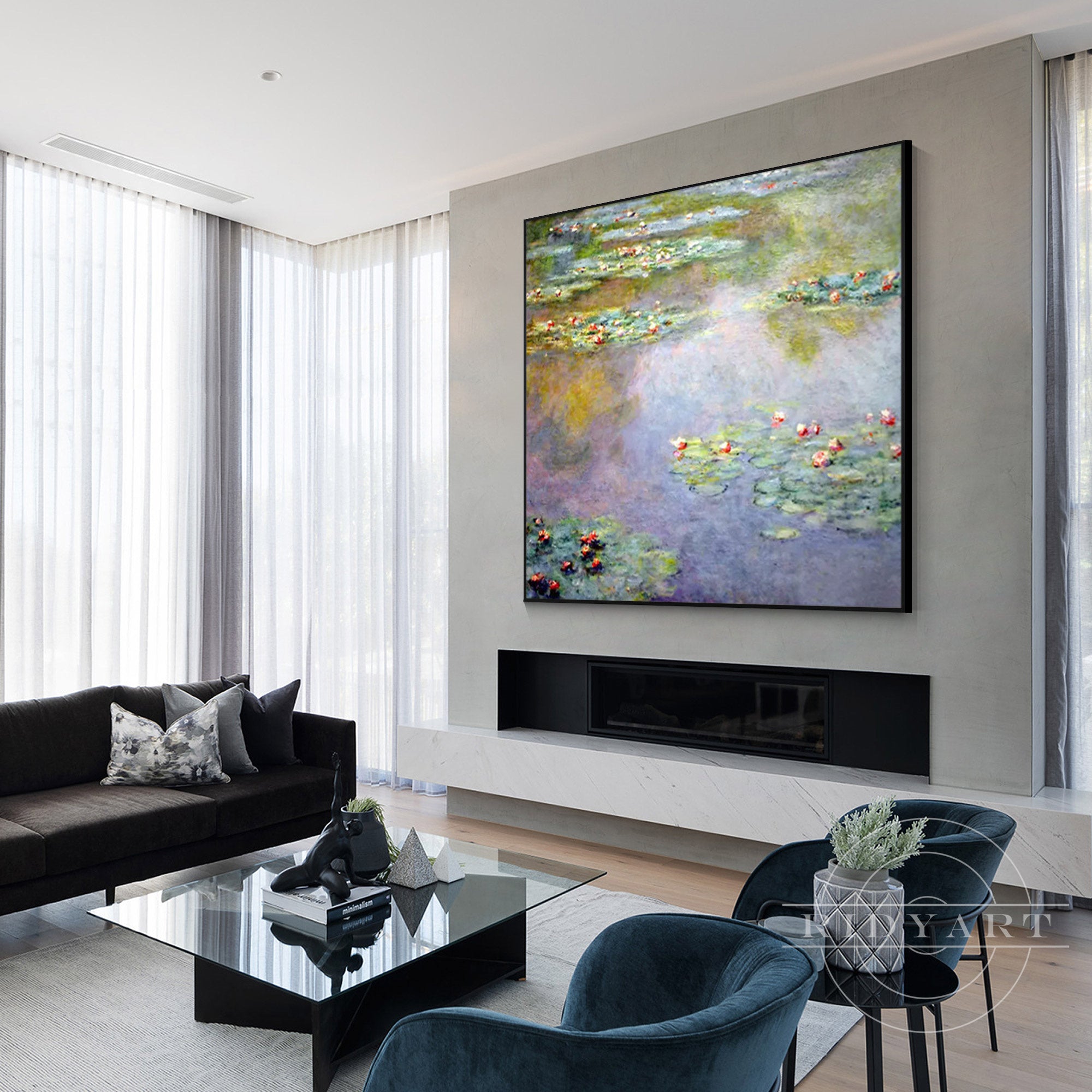 Monet style water lilies canvas painting serene landscape