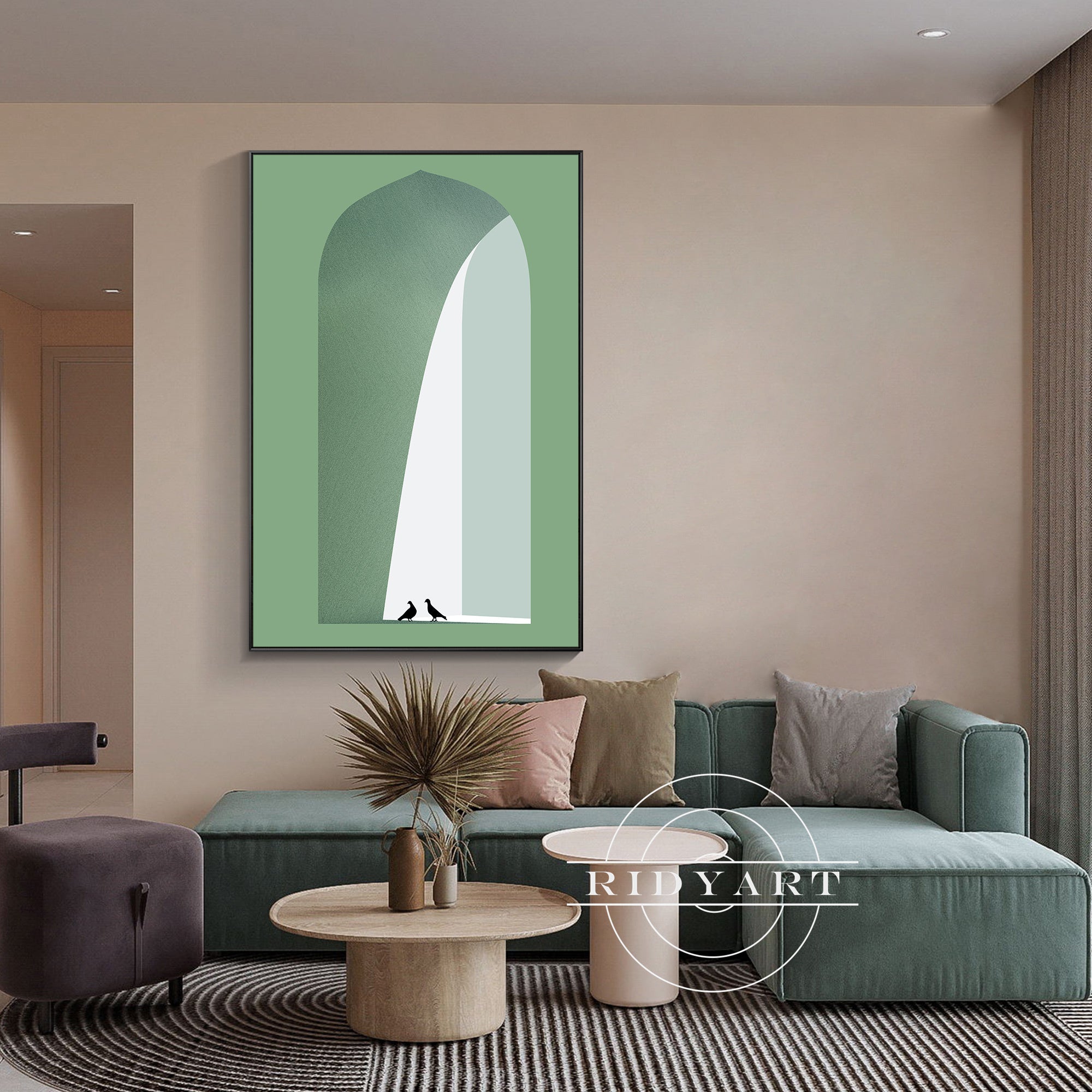 Morandi green arch wall art with abstract arches and pigeons for decor.