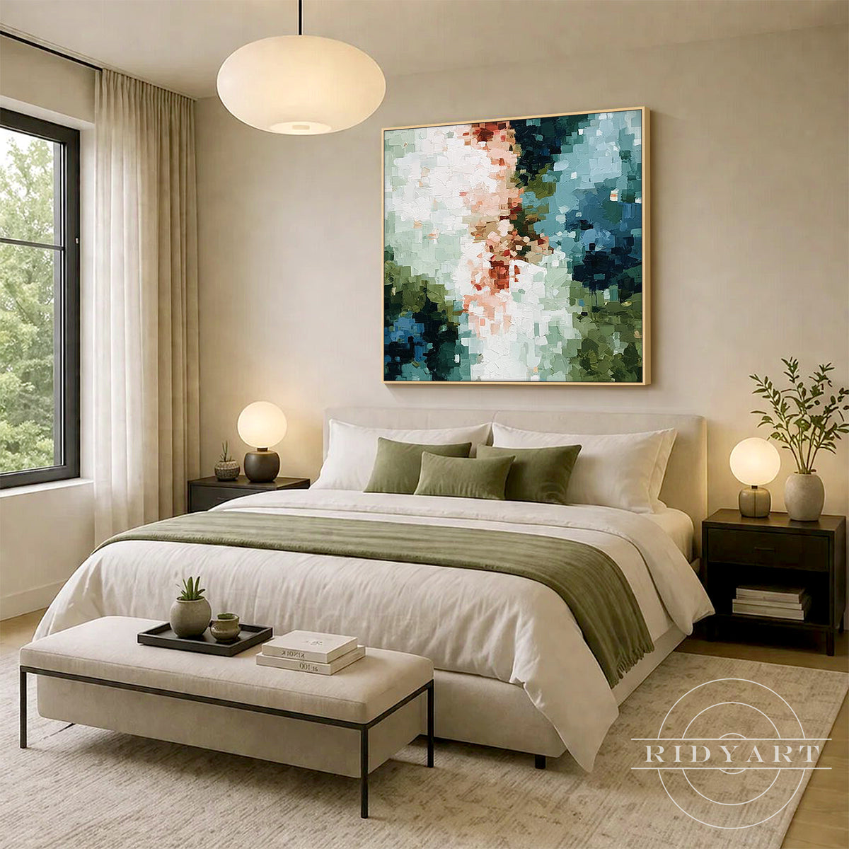 Mosaic style brushstrokes of sage green, teal and blush creating a textured abstract canvas painting.