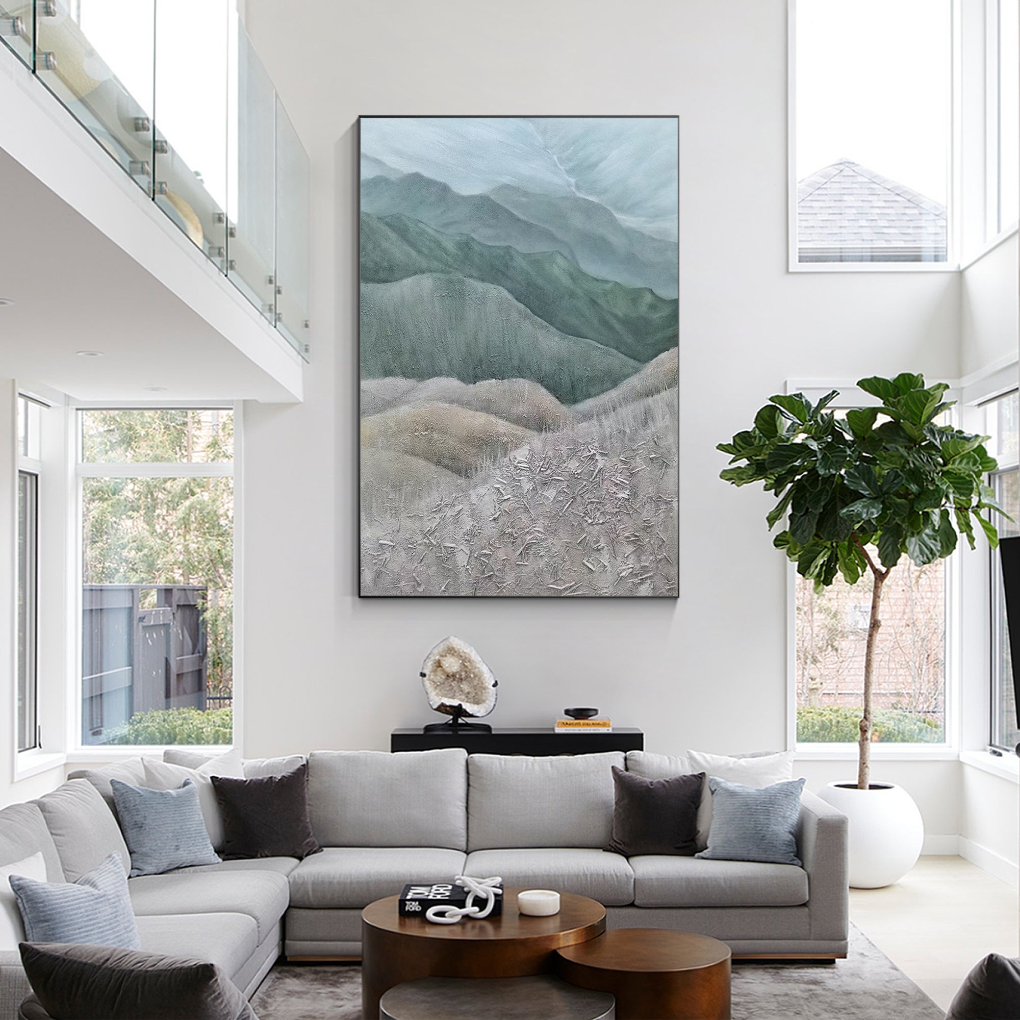 Gray-green mountains landscape painting with textured details, featuring a minimalist design. Extra large vertical wall art for serene home decor.