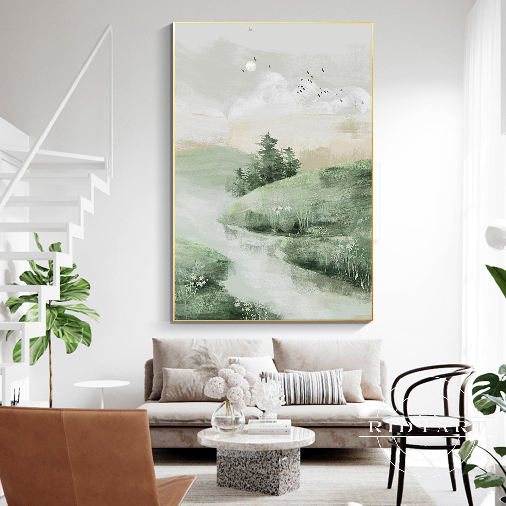 Minimalist nature-inspired wall art featuring lush green hills and sky