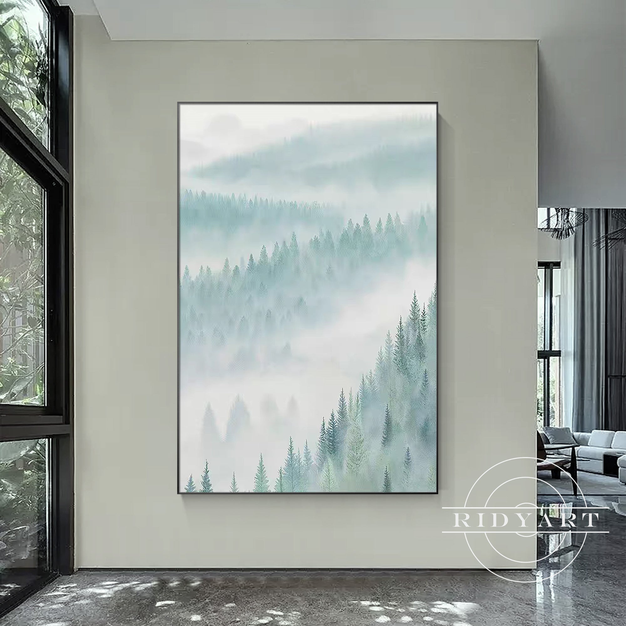 Nature-inspired green gray wall decor misty mountain art