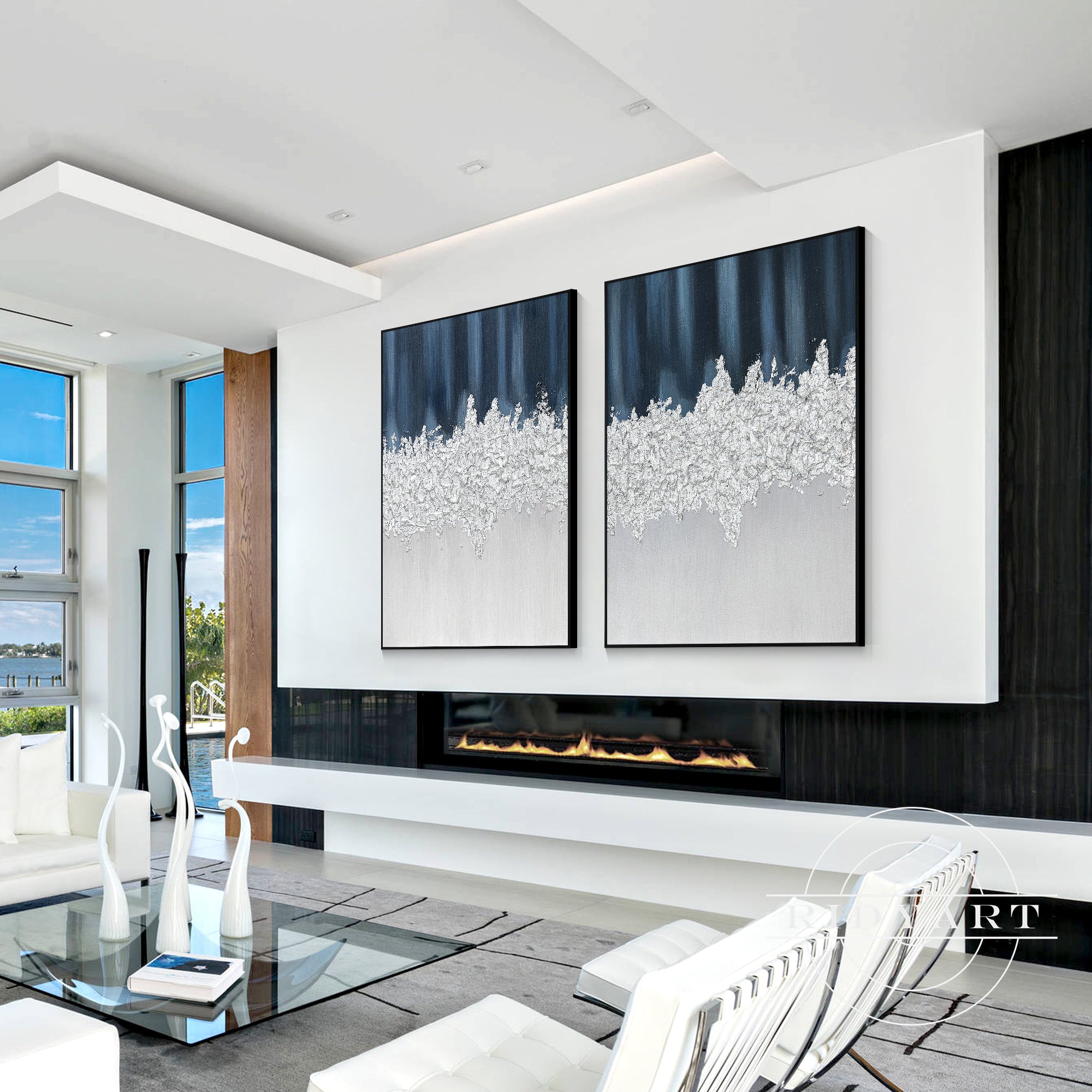 Silver leaf navy blue wall art 2-piece set