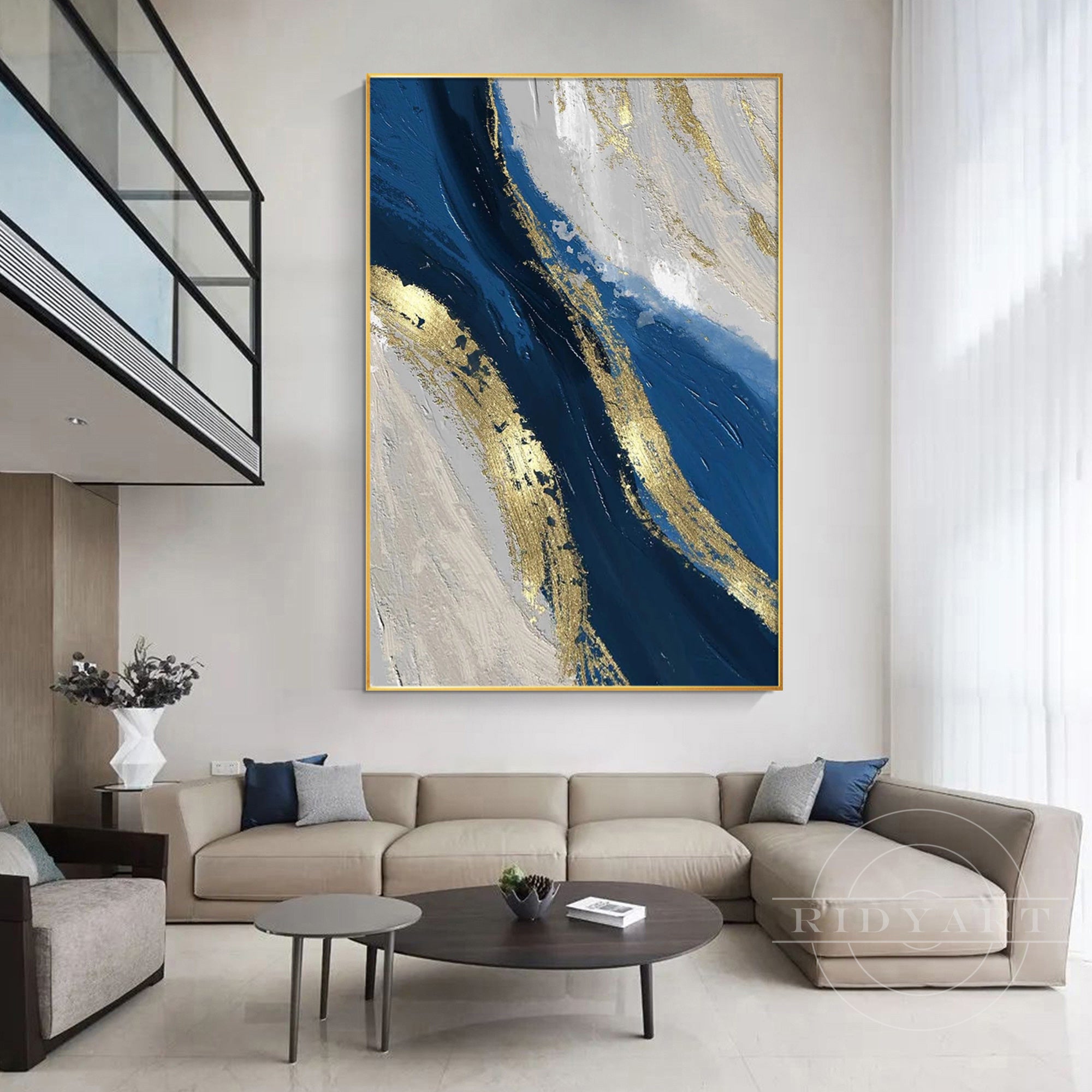 Contemporary navy blue and gold painting ideal for modern home decor.