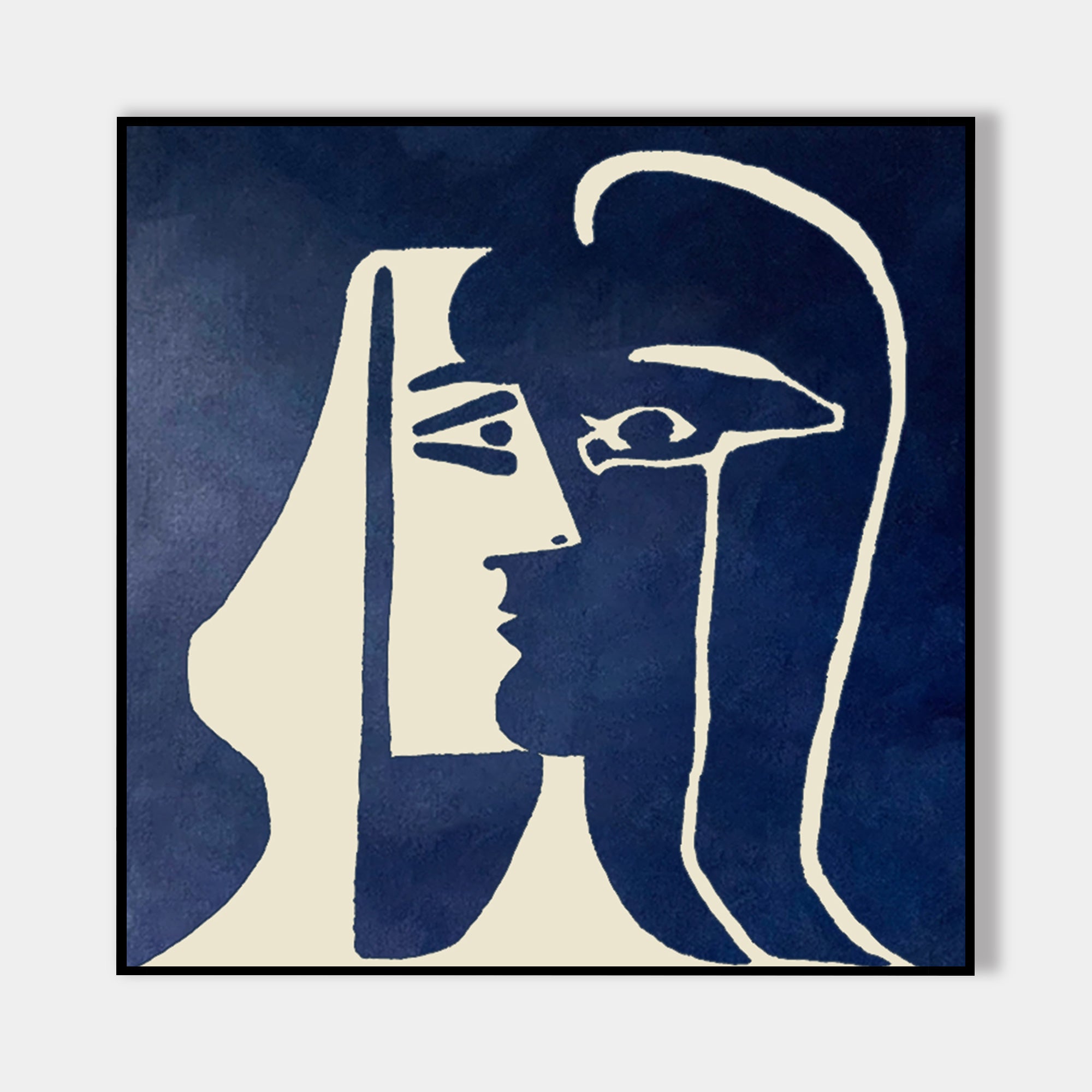 Abstract navy blue and white minimalist face art in a bold geometric style.