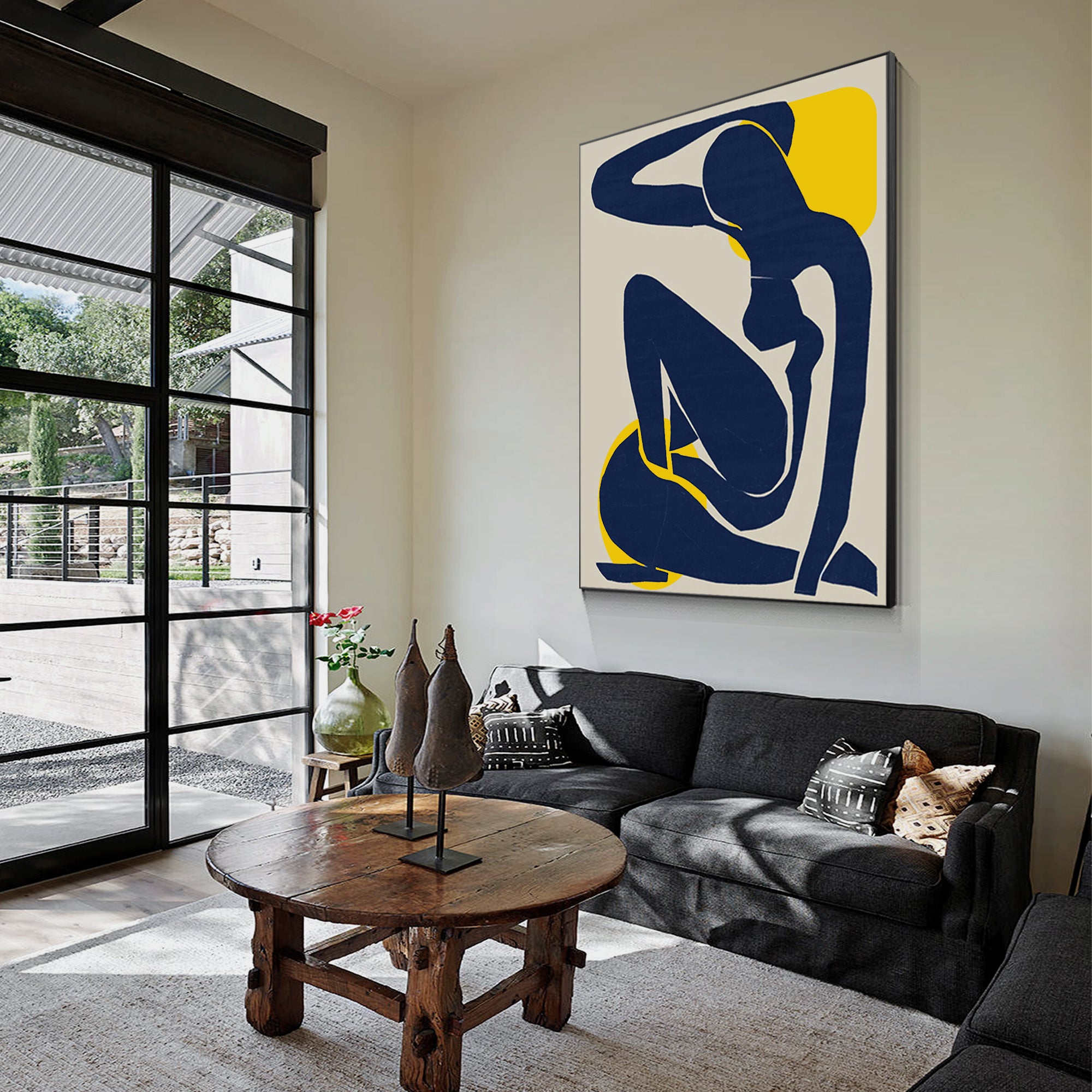 Navy blue abstract textured painting of a woman’s figure in minimalist style. Vertical large wall art ideal for modern interior decor.