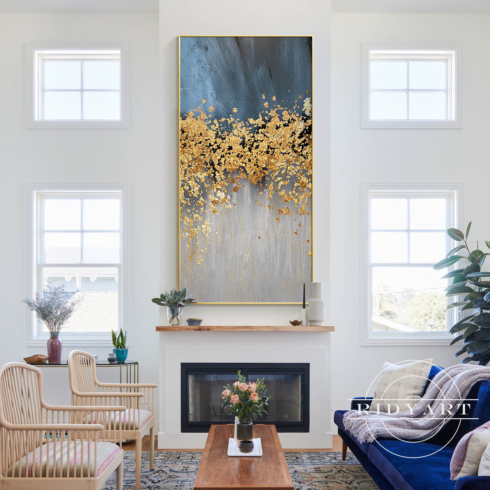 Navy blue and gold abstract canvas art