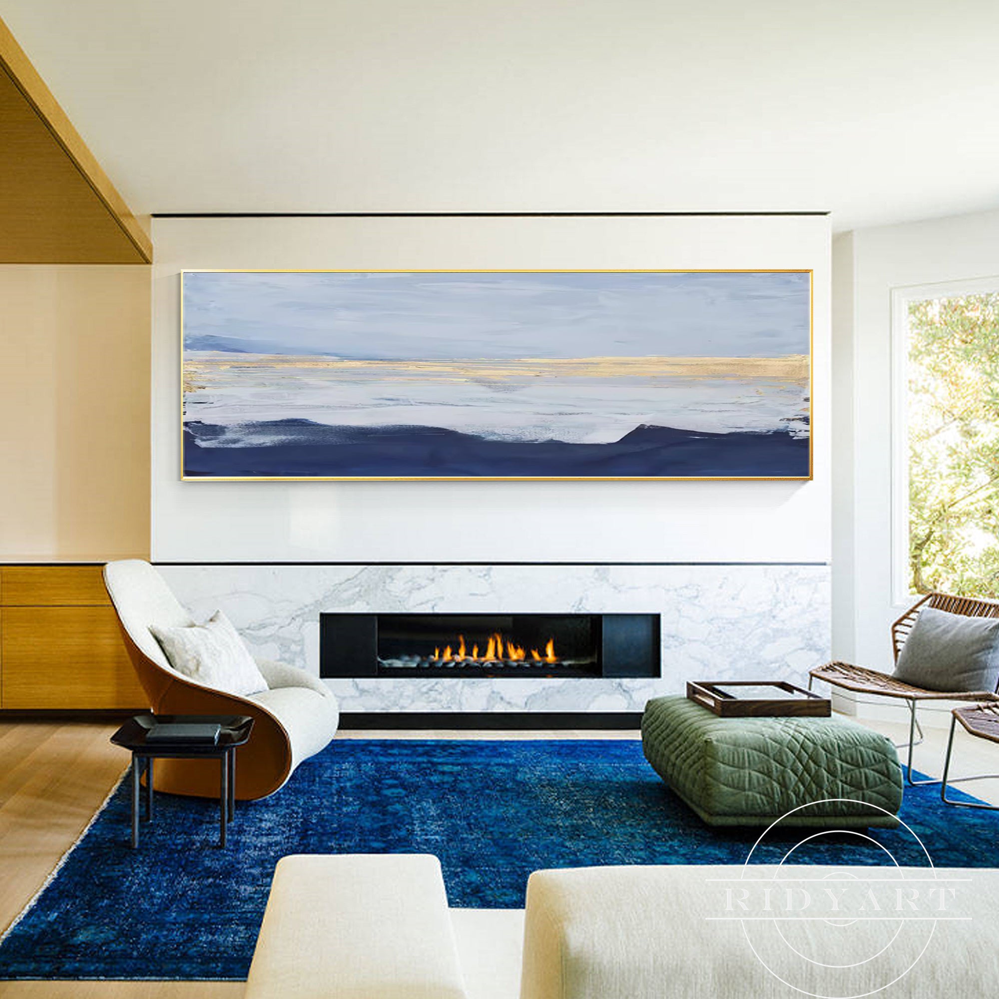 Navy blue and gold abstract canvas painting for modern living room décor