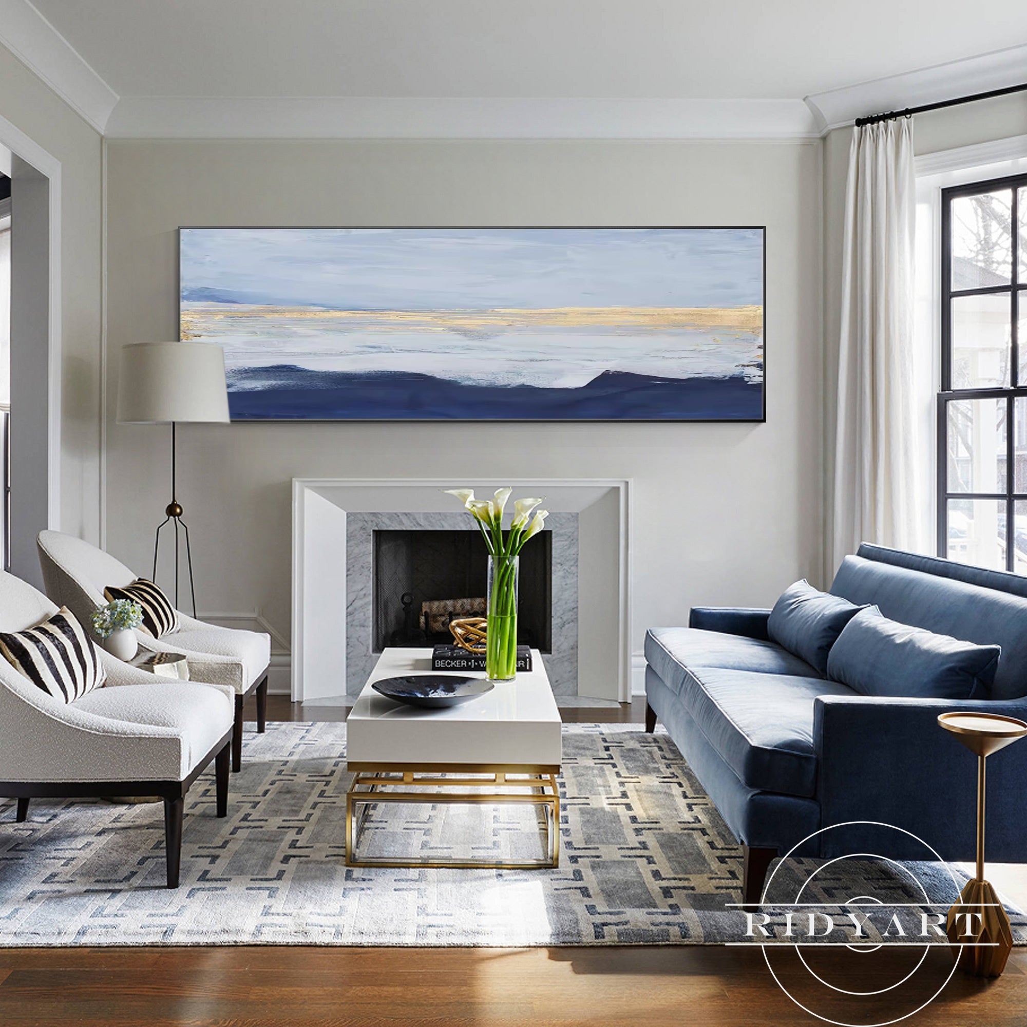 Modern abstract canvas in navy and gold for luxury wall decoration