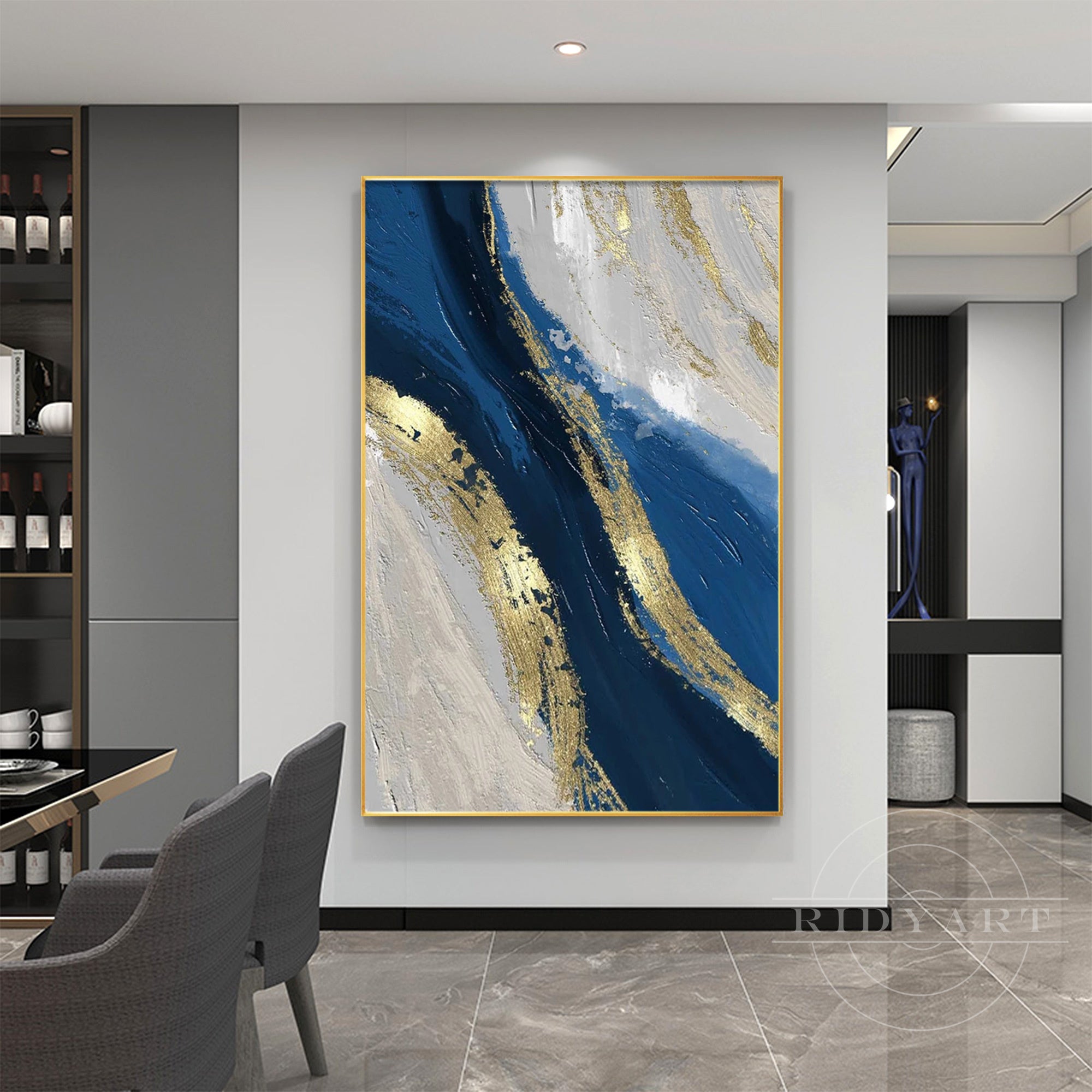 Navy blue and gold abstract wall art with textured ocean-inspired design.