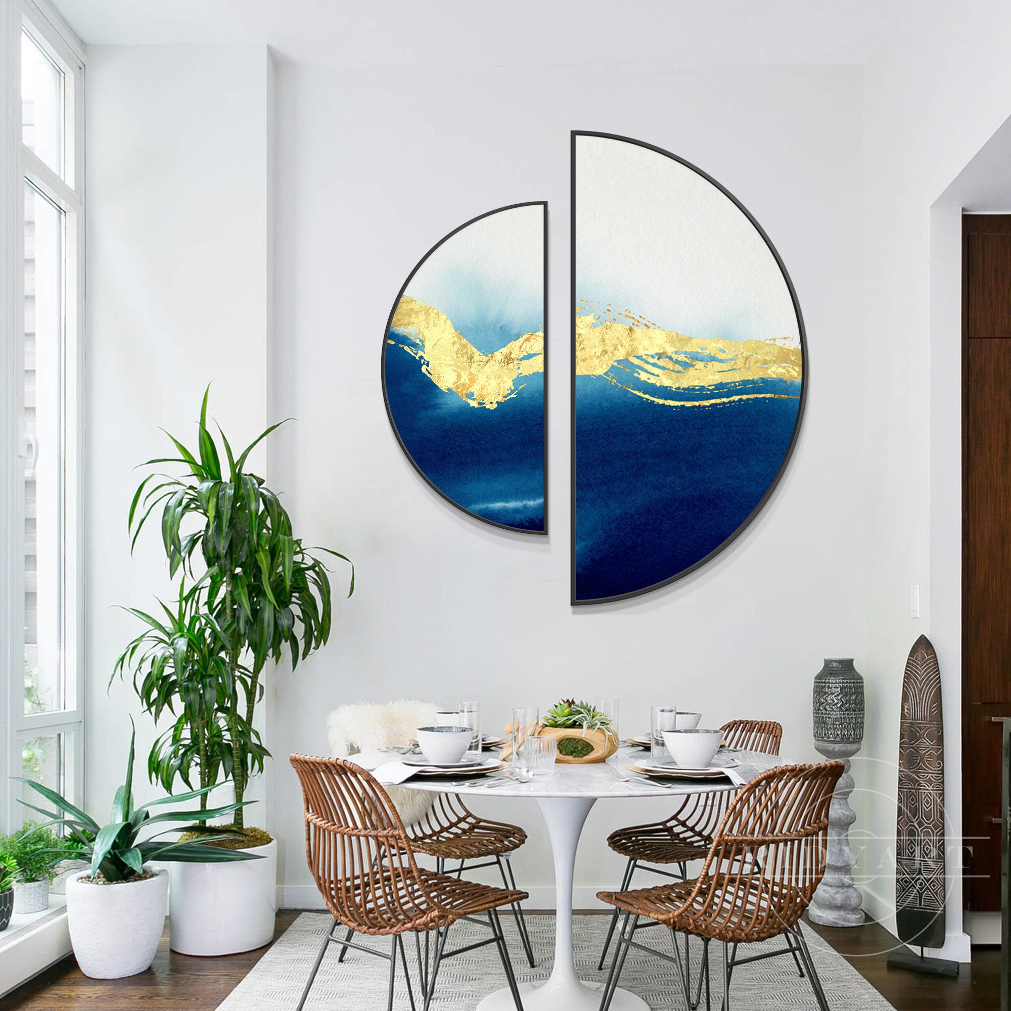 Navy blue and gold abstract wall art set of 2 round paintings