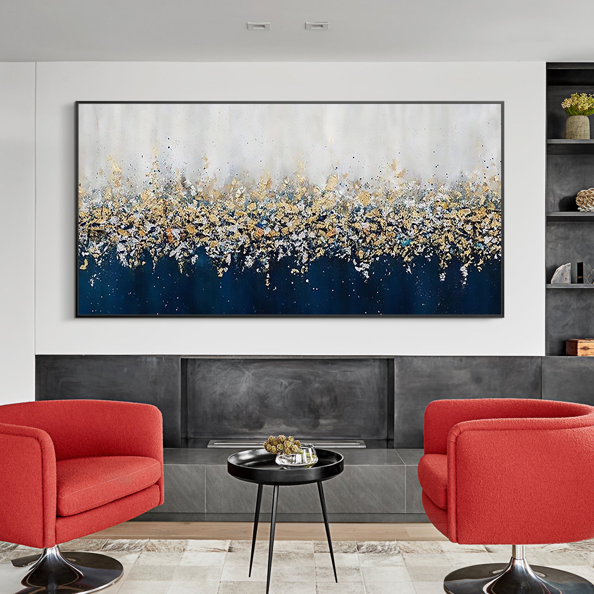 Luxurious abstract painting in navy blue with metallic gold and silver.