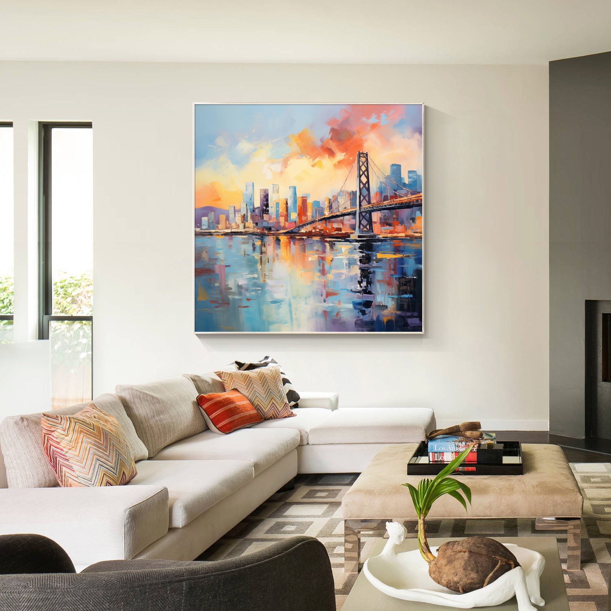 Modern cityscape wall art featuring a vibrant bridge painting