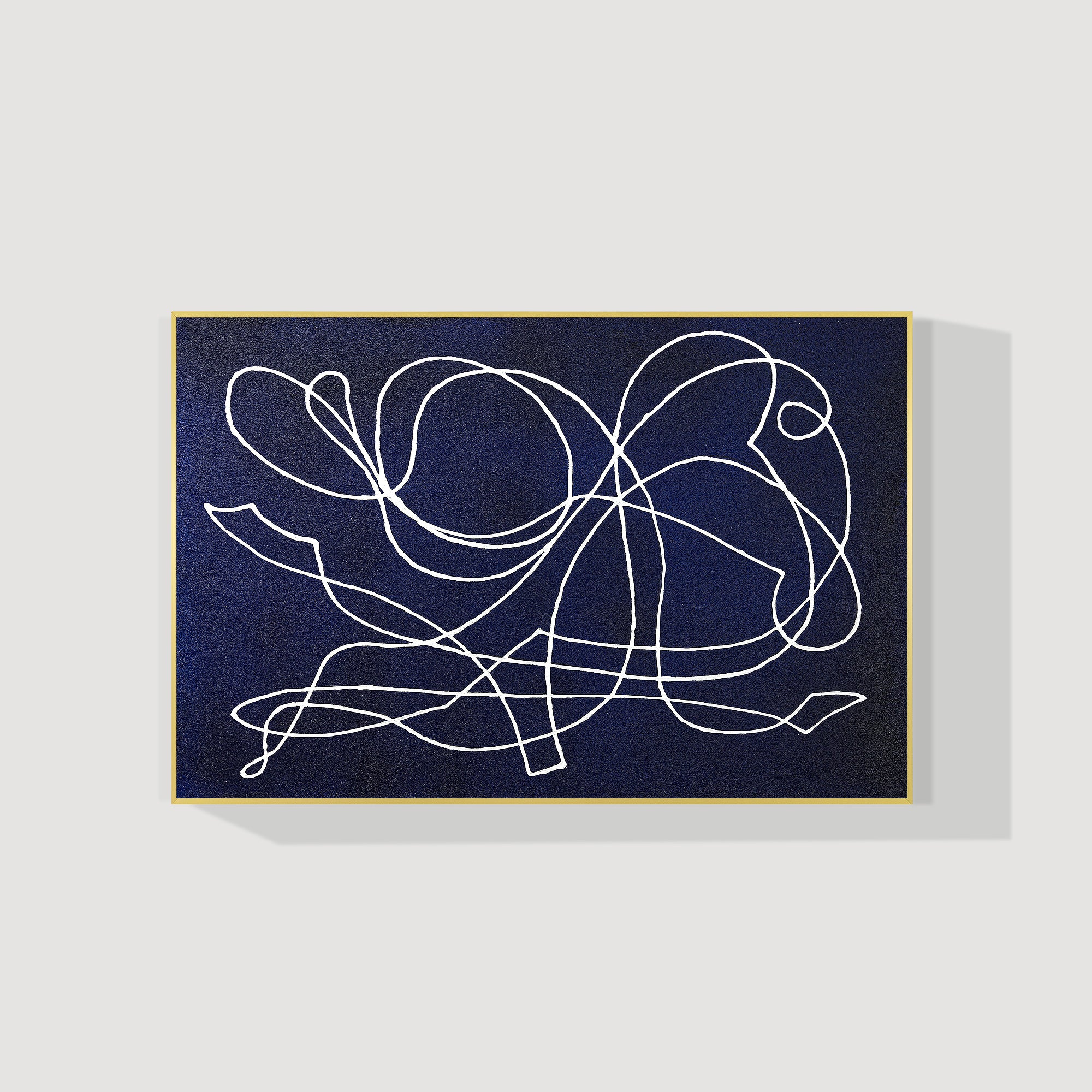 Navy blue and white abstract line drawing on canvas