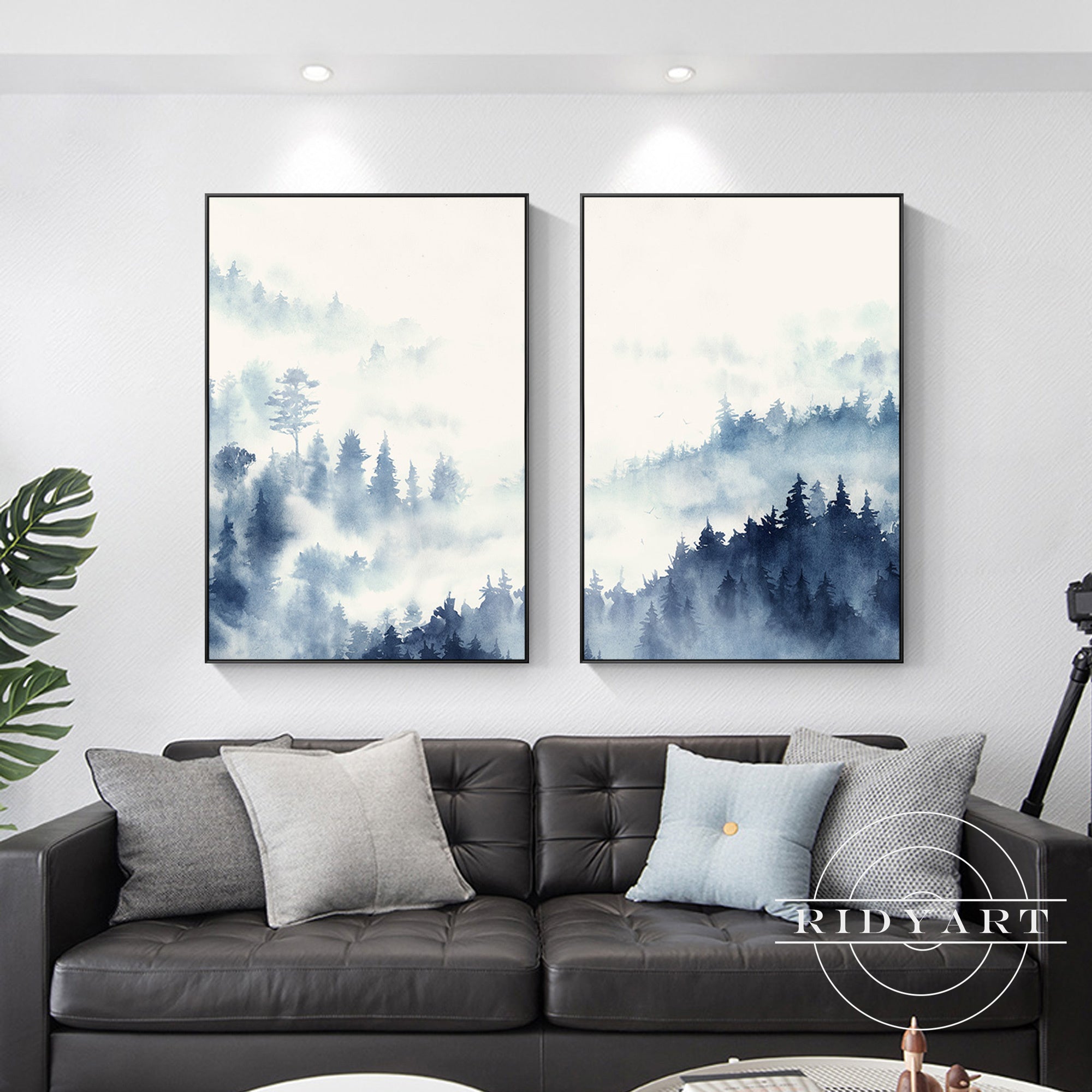 Navy blue watercolor forest painting for serene home decor.