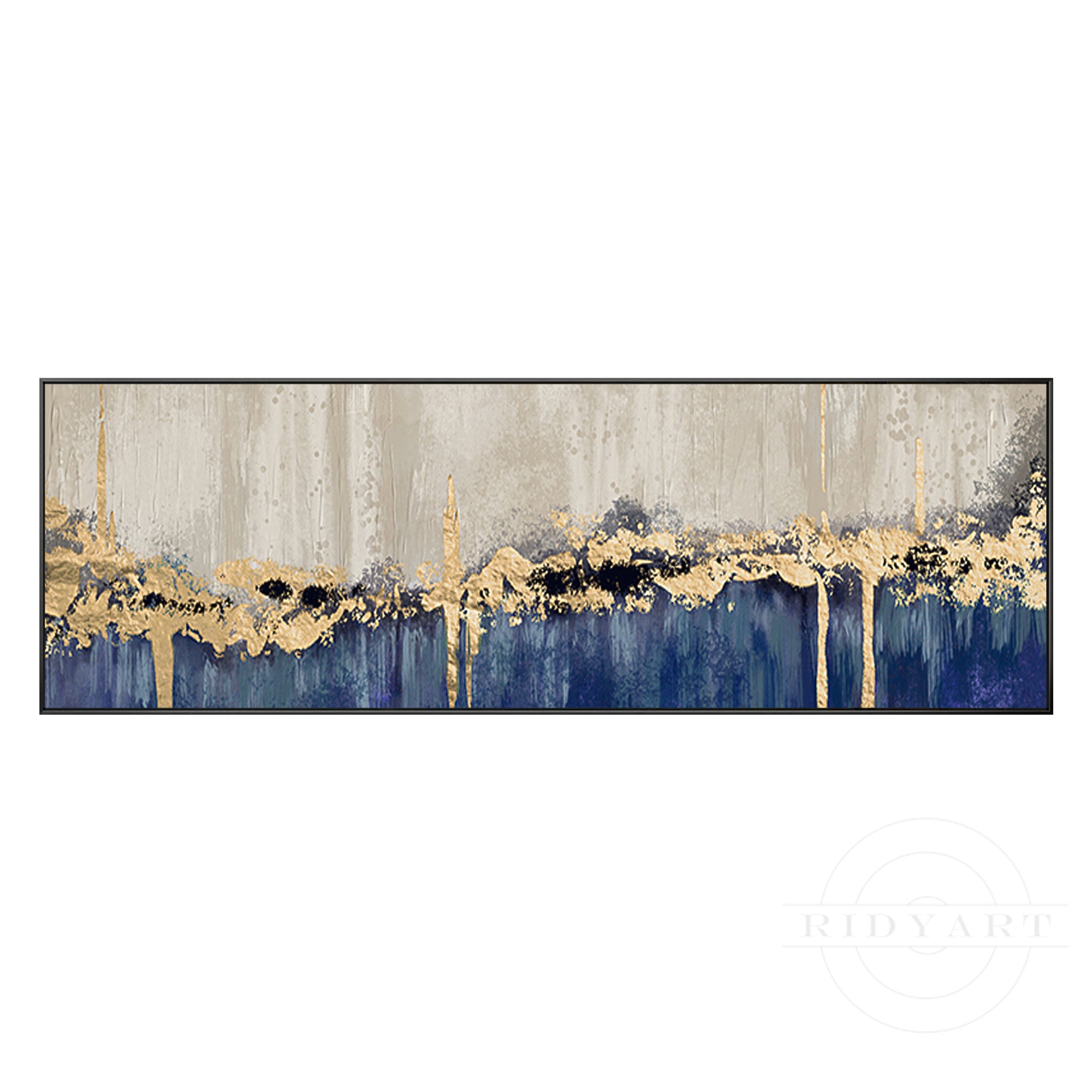 Navy blue and gold foil abstract painting on long canvas
