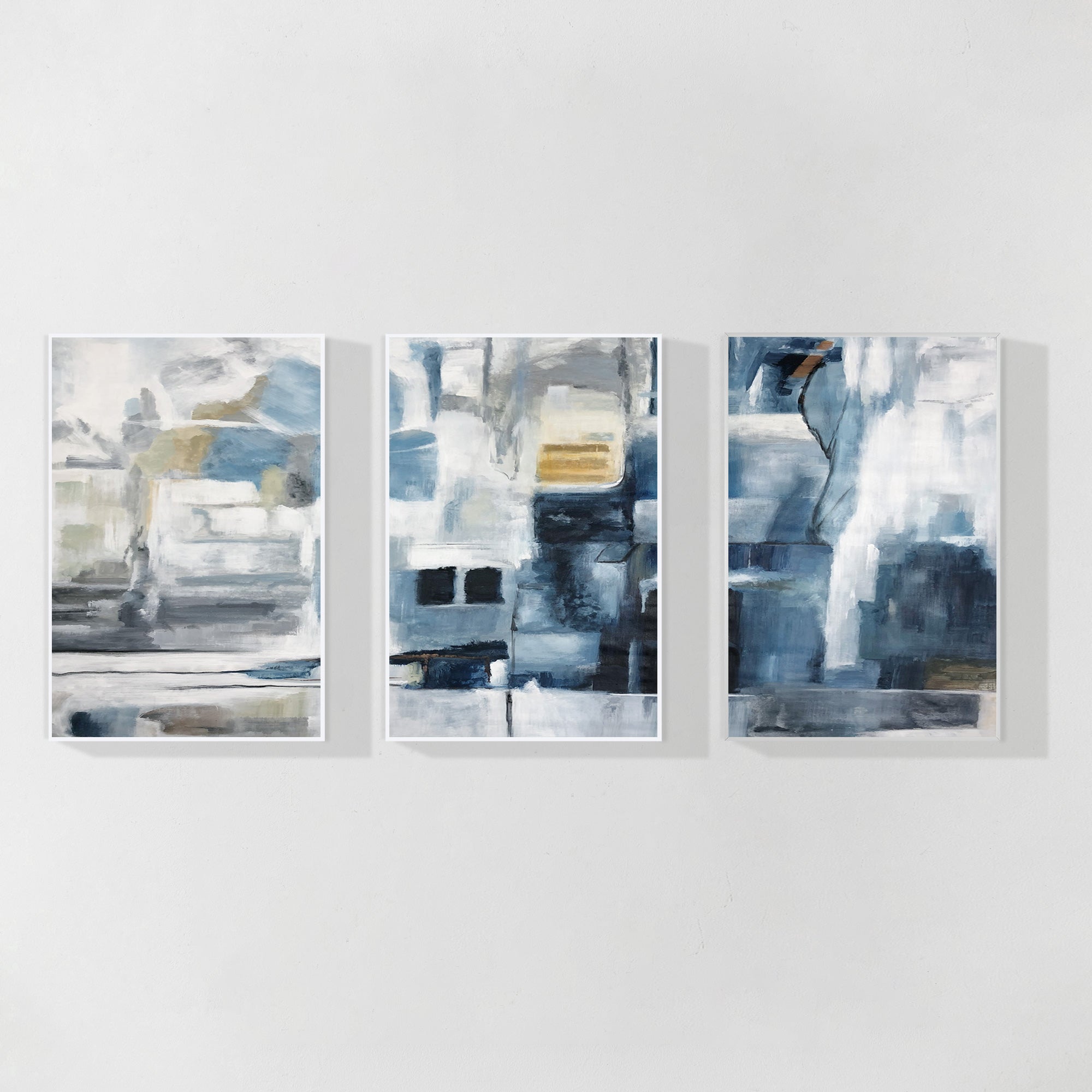 Set of 3 navy blue and grey abstract watercolor paintings