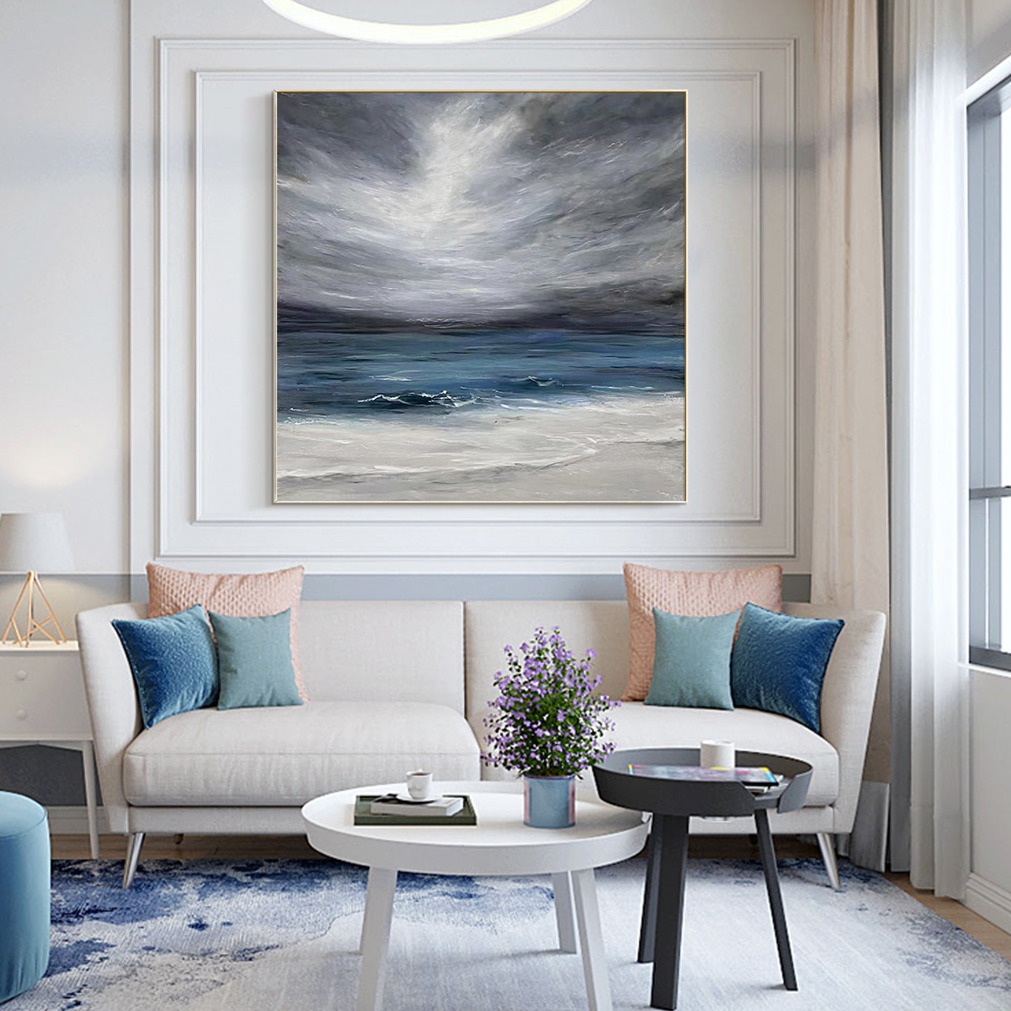 Textured coastal wall art featuring blue, gray, and white tone