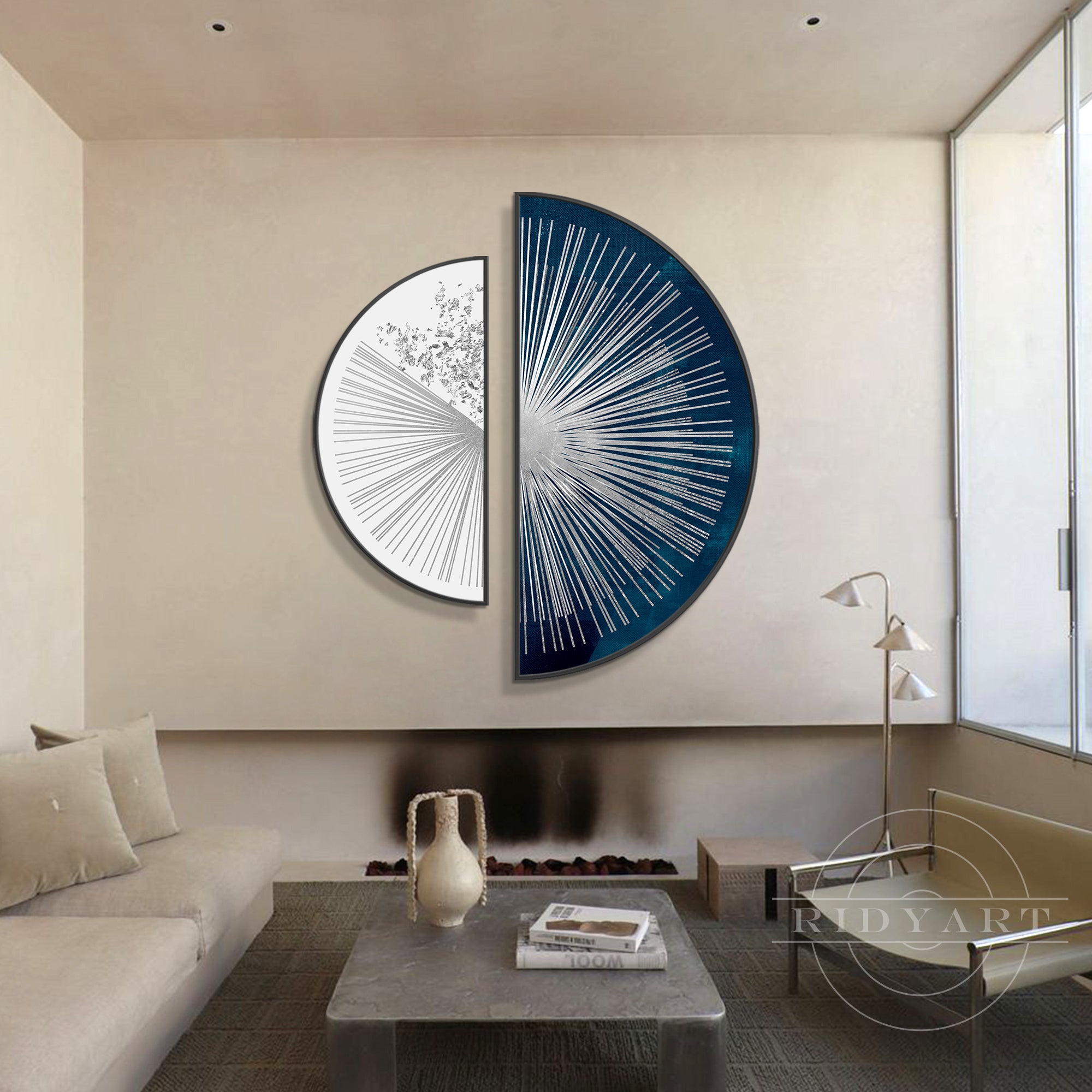 Modern navy blue and silver abstract round wall art set for entryway