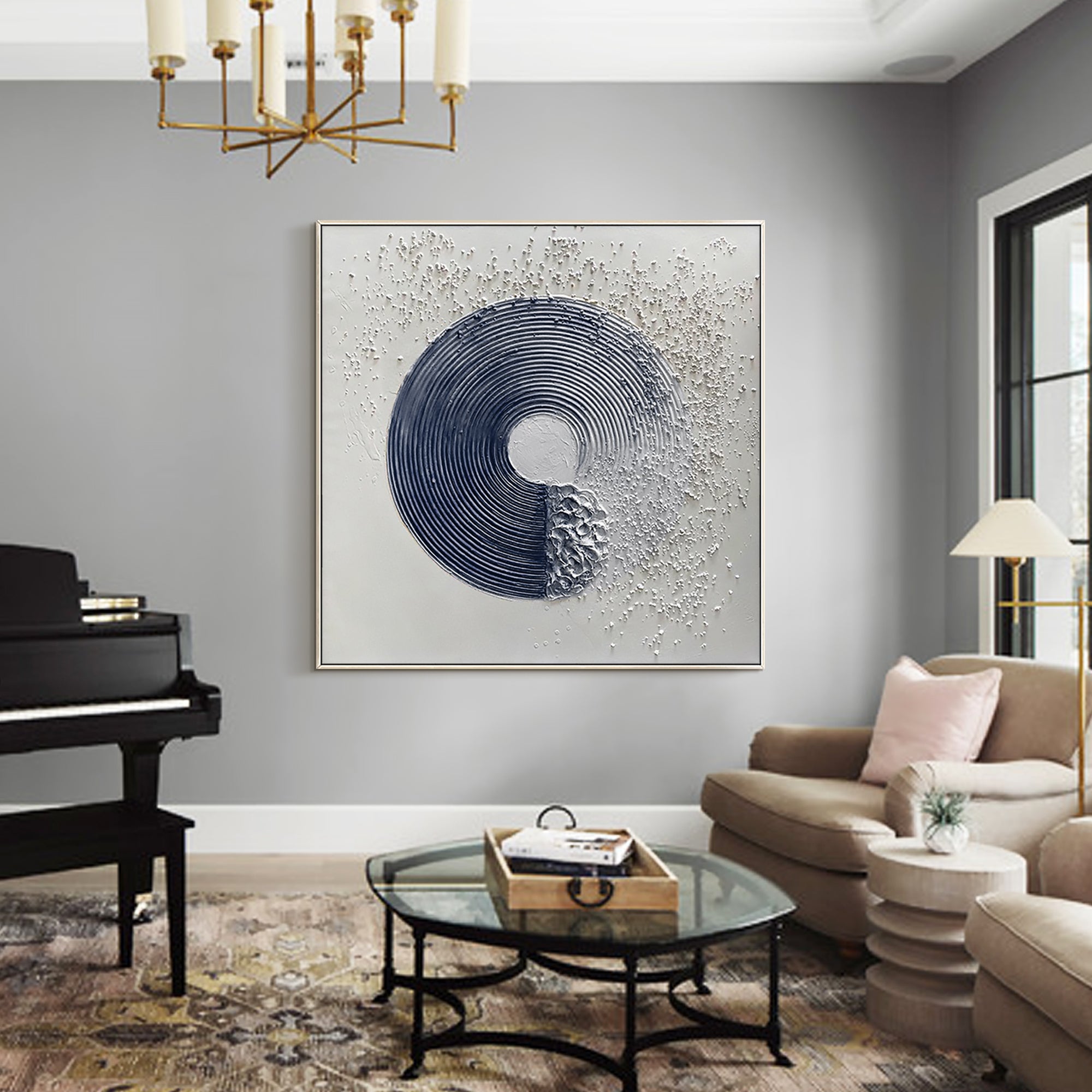 Navy blue textured abstract canvas painting featuring a minimalist Enso circle design. Large framed wall art ideal for living room or modern decor.

