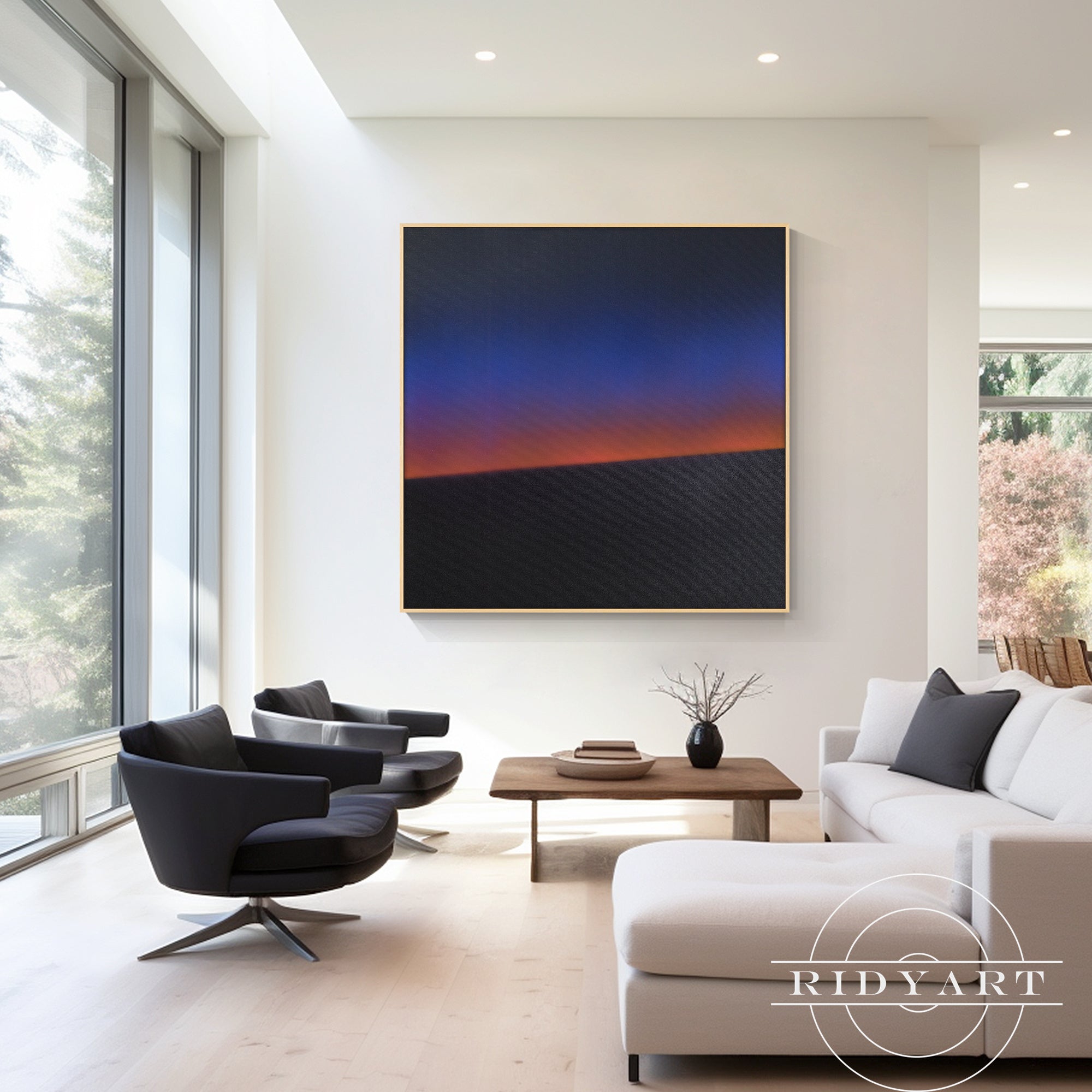 Abstract sunrise canvas with blue to orange gradient colors