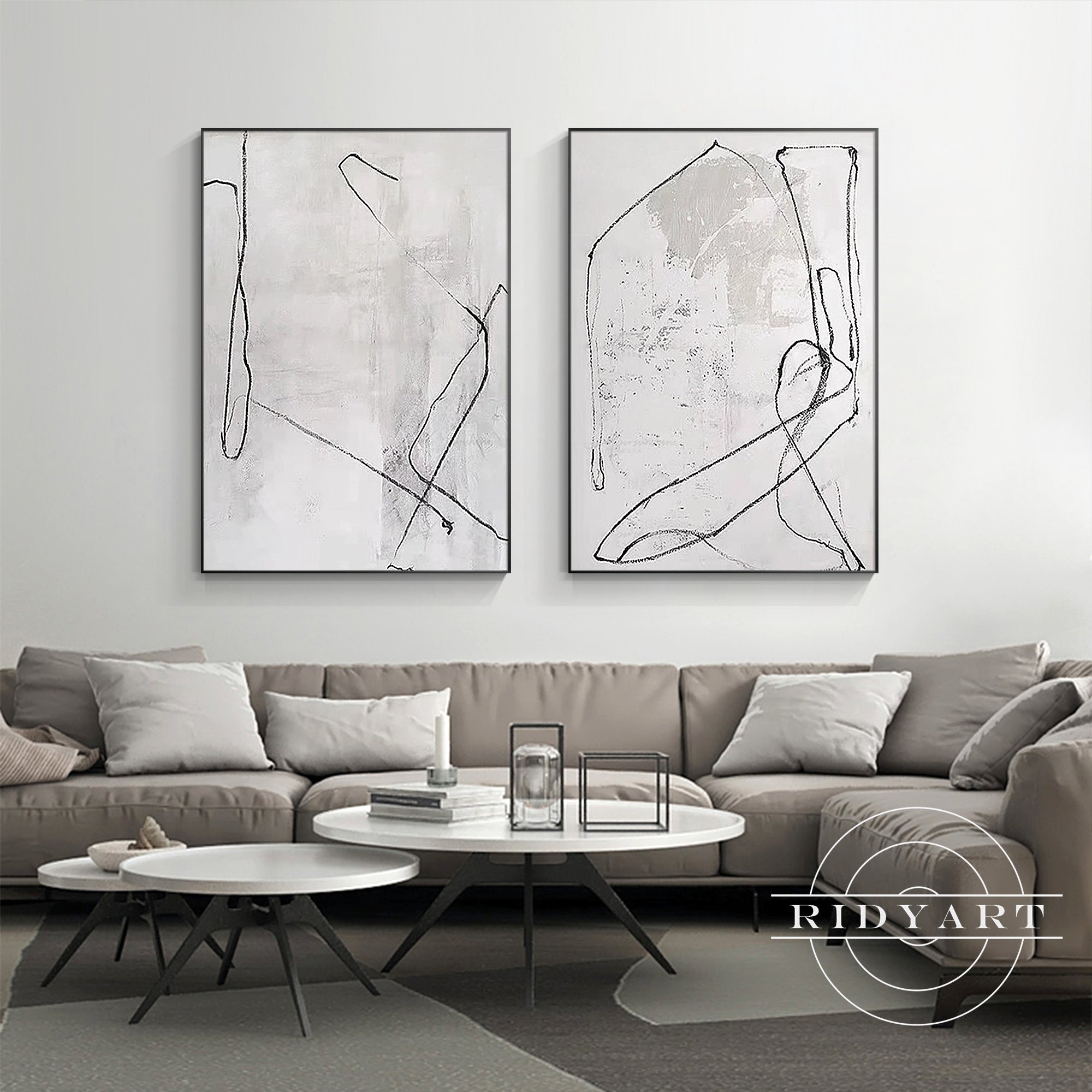 hand-painted beige and black wall art
