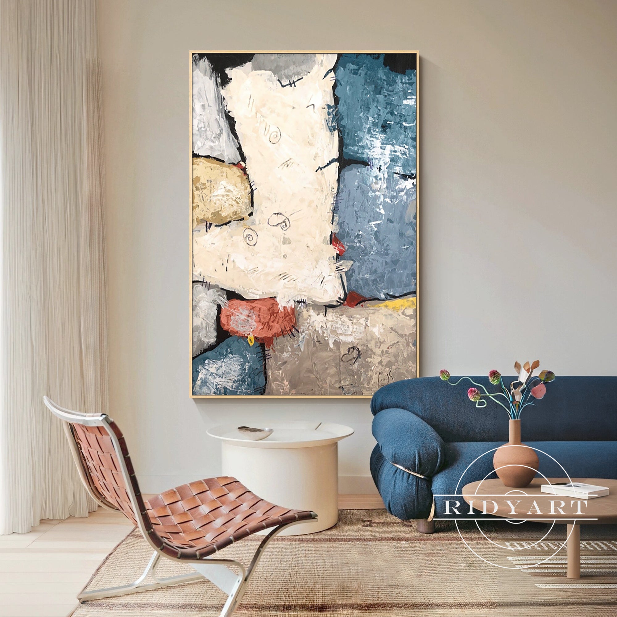 Modern boho wall art in soft blue and beige for living room
