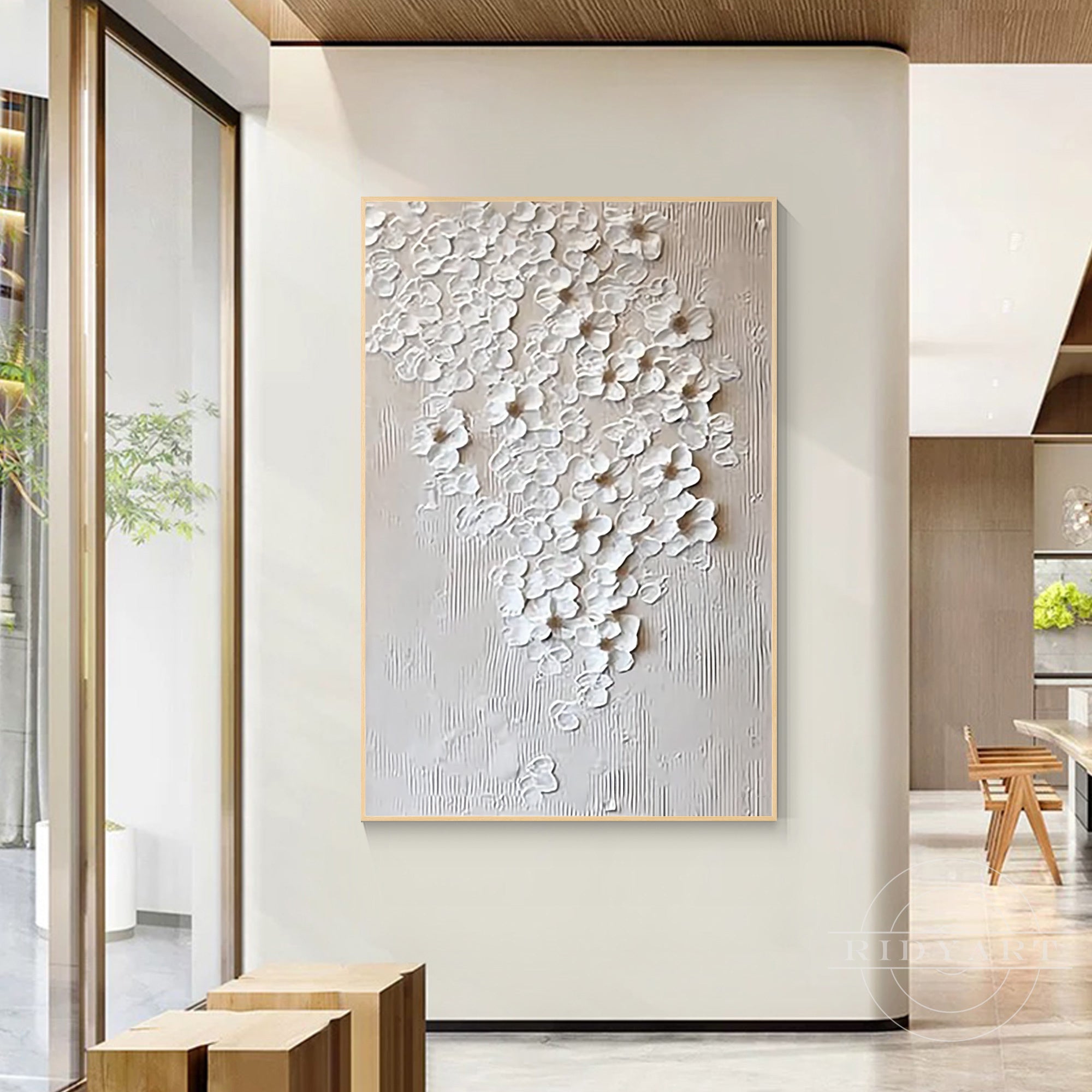 Neutral white daisy abstract painting on beige canvas