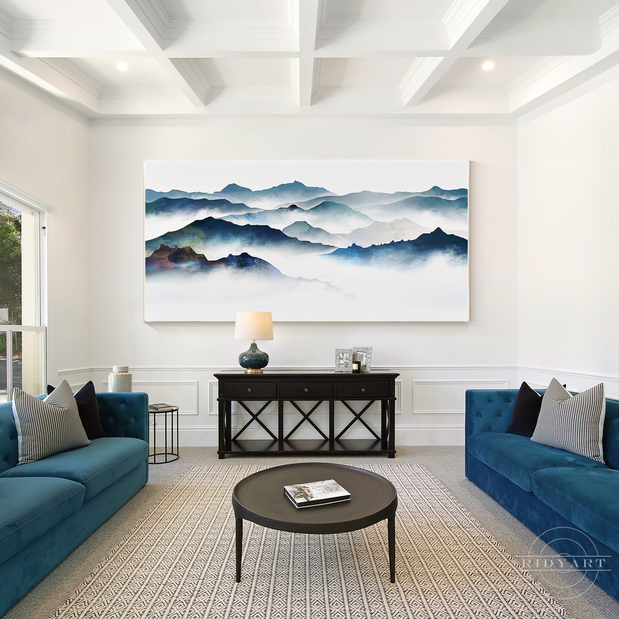 Watercolor foggy mountain landscape painting on canvas.
