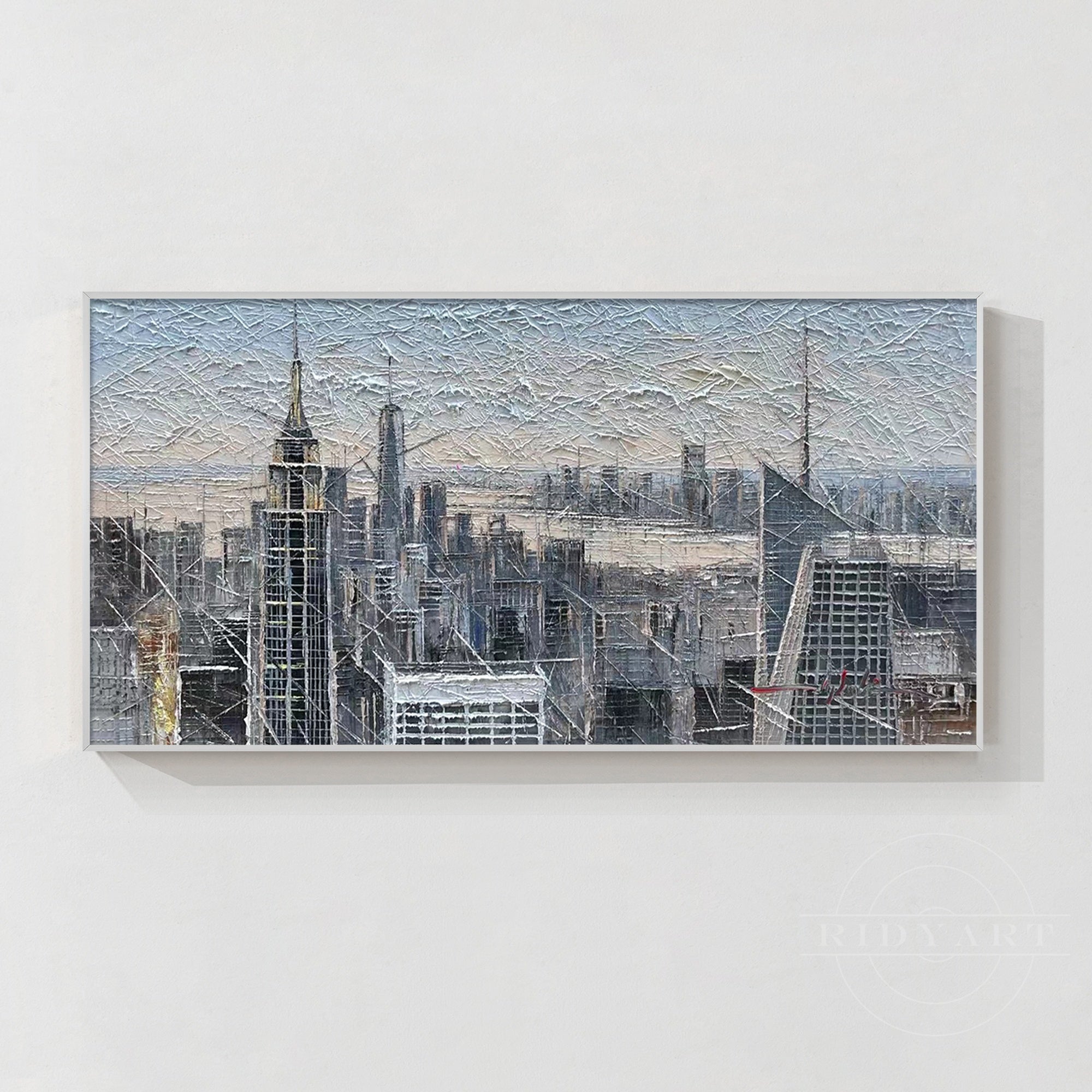 Abstract New York City skyline painting with textured details.