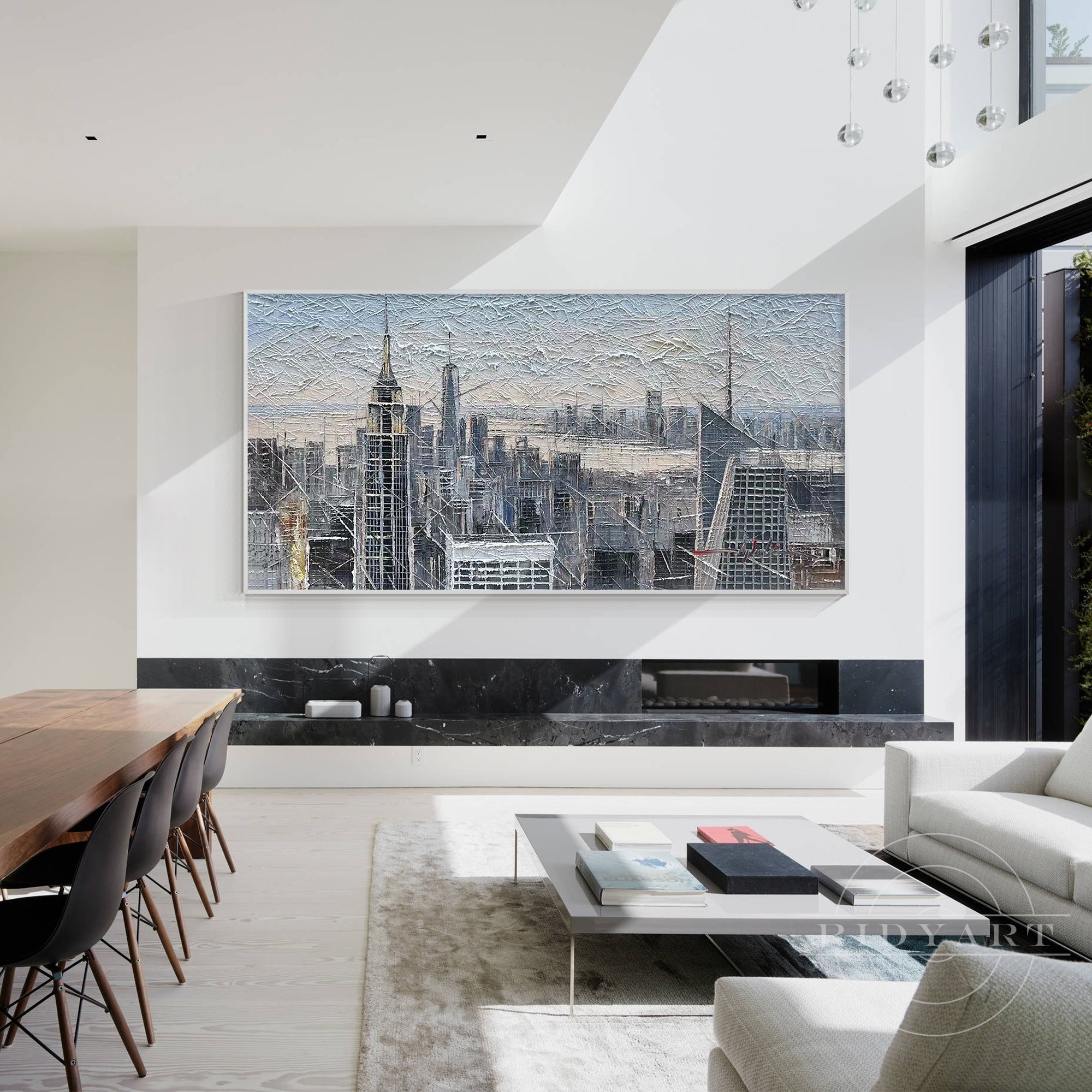 Abstract New York City skyline painting with textured details.