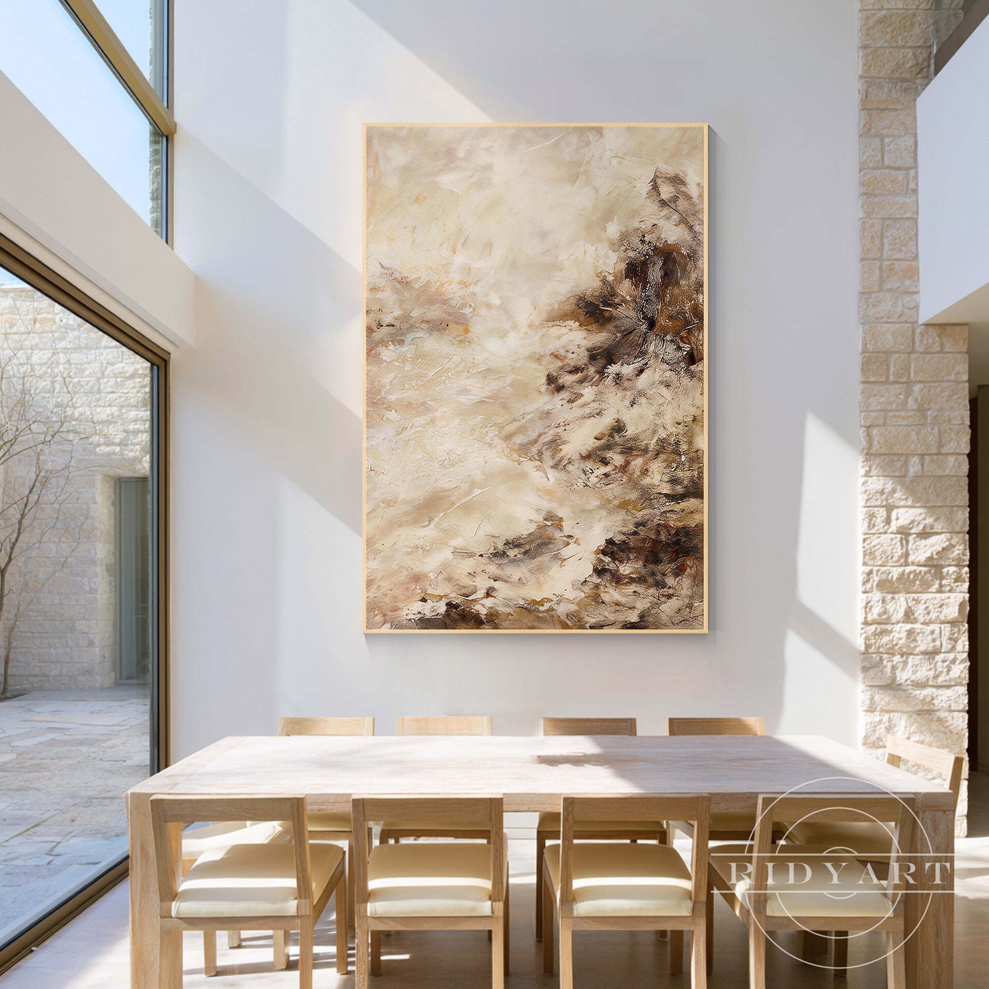 Vertical abstract canvas print in warm neutral earth tones featuring creamy off-white and bronze accent layers.