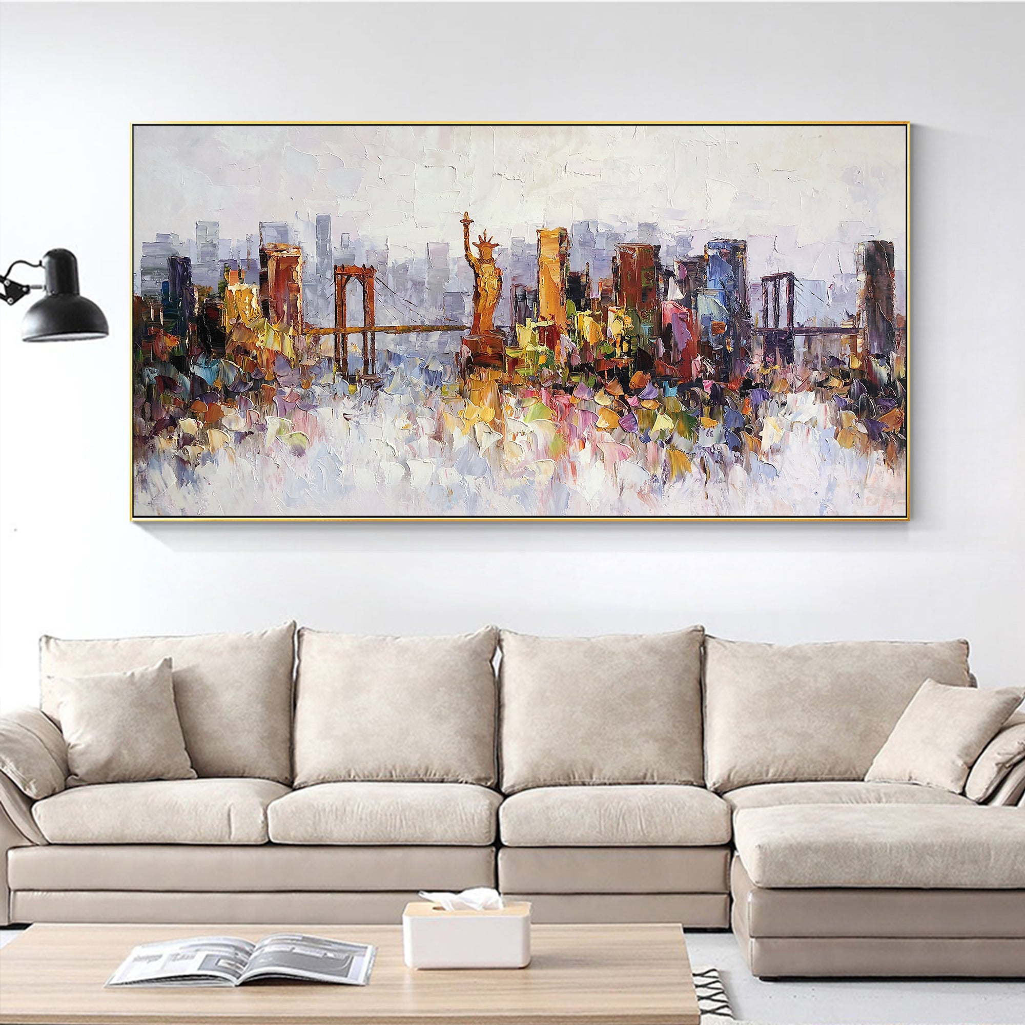 New York skyline oil painting with textured details.