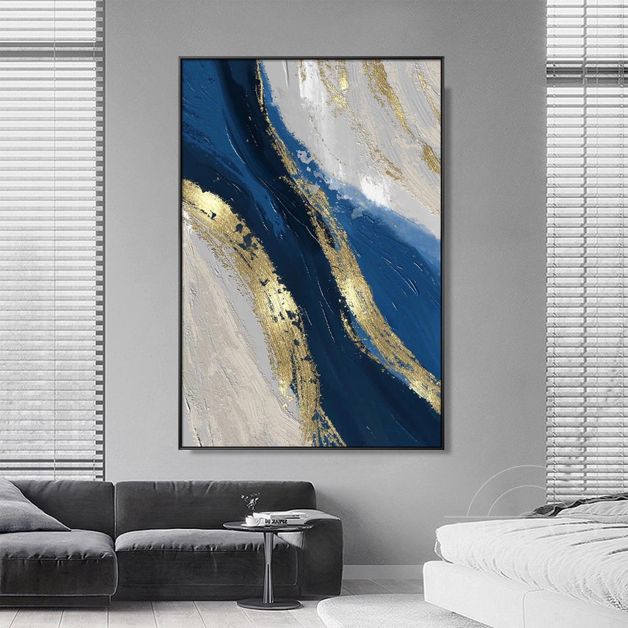 Modern navy blue and gold painting for living room or bedroom decor