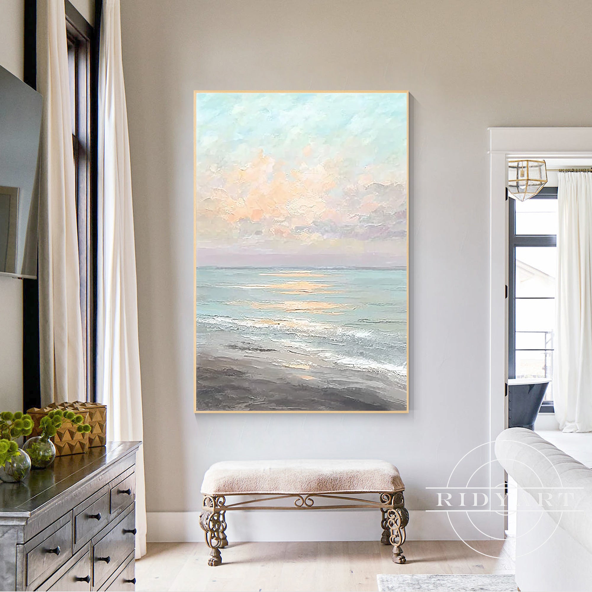 Neutral blue grey coastal abstract landscape art