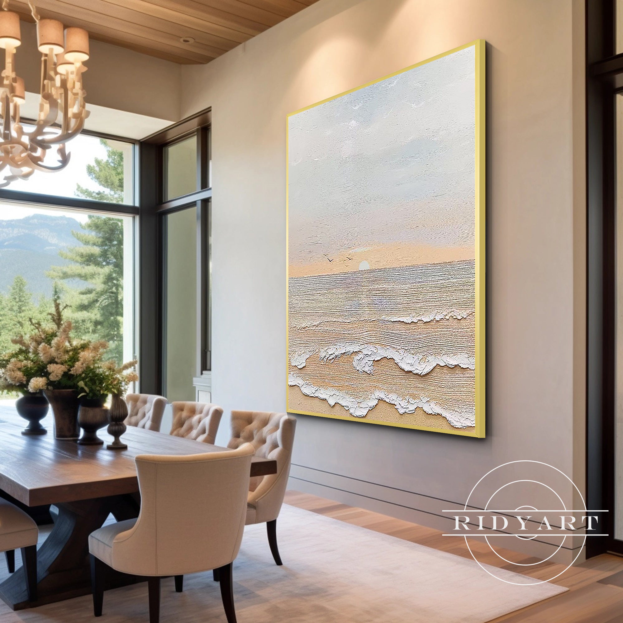 Modern beach house painting in warm ocean tones
